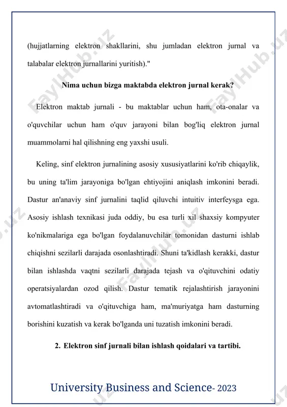 aviy jurnalni to‘liq o‘rnini bosa olmaydi. shunday qilib, sinf jurnalining ikki nusxasini - elektron va an'anaviy shaklda (qog'oz jurnali) saqlash zarurati tug'ildi. ej bilan ishlash barcha o'qituvchilar uchun majburiy bo'lganligi sababli, samaradorlik ko'rsatkichi ma'lumotlarni kiritishning o'z vaqtidaligi, yakuniy baholarning ob'ektivligi deb hisoblanishi mumkin. shuni alohida ta’kidlamoqchimanmaktabimizda axborot texnologiyalari o‘z-o‘zidan maqsad emas, balki faoliyatimizni sifatini oshirish vositasidir. endilikda maktabimizdagi elektron sinf jurnali o‘quvchilarning joriy yutuqlarini hisobga olish va ularning davomatini nazorat qilish uchun dasturiy vositalar to‘plamidir.elektron jurnal o'qituvchi tomonidan quyidagi vazifalarni hal qilishda qo'llaniladi: talabalarning davomati va davomatini hisobga olish va nazorat qilishni avtomatlashtirish; o'quv dasturlarini amalda o'zlashtirish bosqichlari va darajasini rejalashtirish, belgilash va nazorat qilish; sinf o'qituvchisining jurnalning butun davri uchun, barcha fanlar bo'yicha, istalgan vaqtda sinf o'quvchilarining baholariga tezkor kirishi; oraliq va yakuniy baholarni belgilashning xolisligini oshirish. elektron jurnalni yuritishda dastur avtomatik ravishda har bir belgining og'irligini o'zgartirish imkoniyati bilan o'rtacha ballni hisoblab chiqadi (test, mustaqil, amaliy va hk). …