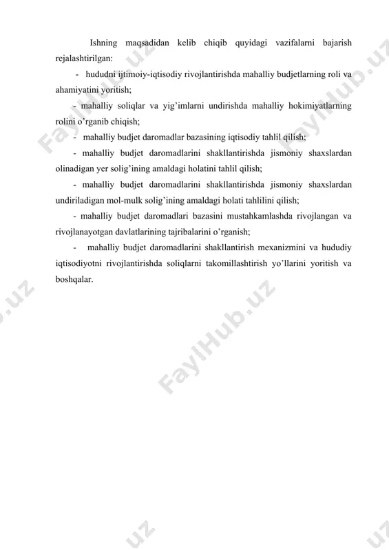 imizning barcha sohalarida bo’lgani kabi moliya, budjet sohasida ham chuqur o’zgarishlarni amalga oshirish hozirgi kunning asosiy talabidir. o’zbekiston demokratik davlat qurishni o’z oldiga vazifa qilib qo’yar ekan, bunda davlat budjetini shakllantirish muhim o’rin tutadi. iqtisodiyotda bozor munosabatlari asta - sekinlik bilan shakllanib va rivojlanib borayotgan bir paytda davlatning doimiy vazifalarini bajarishi uchun markazlashgan moliyaviy mablag’larga ega bo’lish zaruriyati kuchayib boradi. demokratik davlat tuzilishining muhim tarkibiy qismi mahalliy davlat boshqaruv organlari va ularning faoliyati hisoblanadi. mahalliy davlat boshqaruv organlari o’zlariga yuklatilgan vazifalarni bajarish uchun, muayyan mulk va moliya - budjet huquqiga ega bo’lishi shart. mahalliy hokimiyat idoralari hokimlar, xalq deputatlari kengashlari o’z vakolatlari doirasida davlat moliya faoliyatini amalga oshiradilar. hududiy davlat boshqaruv organlari moliyaviy tizimining asosiy tarkibiy qismi - bu mahalliy budjet hisoblanadi. “mahalliy davlat hokimiyat idoralari to’g’risida”gi qonunning 2 - moddasiga muvofiq viloyat, tuman, shaharning moliyaviy resurslarini budjet mablag’lari, budjetdan tashqari fondlar, kredit resurslari shuningdek, respublika (viloyat, toshkent shahri) budjetidan …
