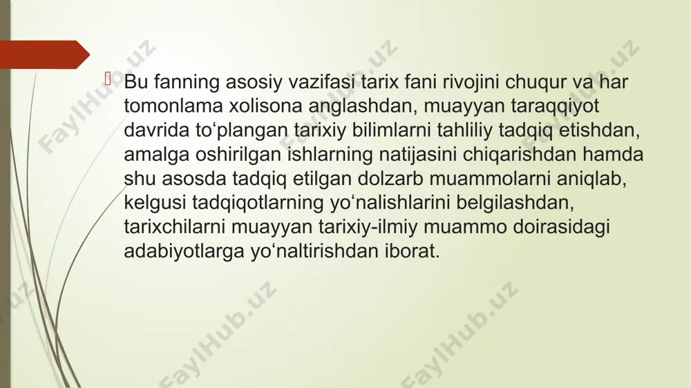 limlar (lunin b. v., biobibliograficheskiye ocherki o deyatelyax obhestvennoʻx nauk uzbekistana, t. 1, t., 1976; t. 2, t., 1977), mustamlakat totalitar tuzum sharoitida oʻzbekiston tarix fani sohasida xizmat qilgan tarixchilarning hayoti va faoliyati (alimova d. a., rashidova d., mahmudxoʻja behbudiy va uning tarixiy tafakkuri, t., 1999; germanov v. a., istoriki turkestana v usloviyax politicheskogo terrora 20—30x godov, t., 2000; germanov v. a, professor pulat saliyev i yego vremya, t., 2002) asarlarda aks ettirildi; xotinqizlar muammosi tarixshunosligi [alimova d. a., jenskiy vopros v sredney azii: istoriya izucheniya i sovremennie problemoʻ (20—80e gg.), t., 1991]; milliy ozodlik harakatlari, ularning xorijda oʻrganilishi (ziyayeva d. h., turkistonda milliy ozodlik harakati, t., 2000) asarlarda oʻz ifodasini topdi. tarixshunoslik boʻlimi tomonidan oʻtkazish anʼanaviy boʻlib qolgan „tarixshunoslik oʻqishlari“ oʻzbekiston tarix fani sohasida amalga oshirilayotgan ishlarni sarhisob qilib boradi. oʻzbekistonda tarixshunoslik fani ilmiy maktablariga b. v. lunin, g.i.jeltova, f.h.qosimov, r. rajapova, d.a. alimova kabi olimlar tomonidan asos solindi. …