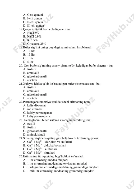 1 litr eritmadagi modda miqdori b. 1 litr eritmadagi moddaning ekvivalent miqdori c. 1 kilogramm eritmadagi moddaning grammdagi miqdori d. 1000 mg erituvchidagi modda miqdori 28. eritmaning molyal konsentratsiyasi quyidagi bog‘liqlikni kо‘rsatadi: a. 1 litr eritmadagi modda miqdori b. 1 litr eritmadagi moddaning ekvivalent miqdori c. 1 kilogramm eritmadagi moddaning grammdagi miqdori d. 1000 mg erituvchidagi modda miqdori 29. kislota-asosli indikatorlarning ta’sir etish prinsipini asosida quyidagi xolat yotadi: a. e.n.da ular parchalanadi b. e.n.da ularning molekulalari parchalanib ionlari xosil bо‘ladi c. e.n.da ularning molekulalari bir rangda ionlari boshqa rangda bо‘ladi d. e.n.da ular uchib ketadi 30.“suyuqlik - gaz” turiga kiradigan dispers sistemalarga misol: a. qum, tutun b. tuman c. emulsiya d. suspenziya 31.“qattiq - gaz” turiga kiradigan dispers sistemalarga misol: a. qum, tutun b. tuman c. emulsiya d. suspenziya 32.“suyuqlik - suyuqlik” turiga kiradigan dispers sistemalarga misol: a. qum, tutun b. tuman c. emulsiya d. suspenziya 33.qattiq - suyuqlik” turiga …