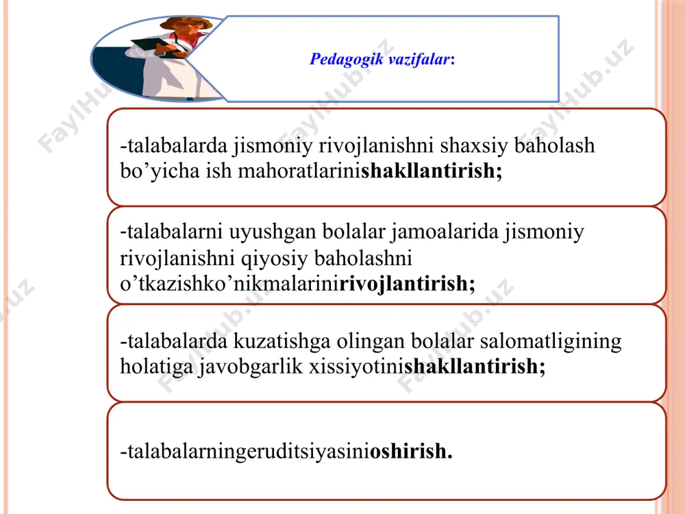 ylanasi (kqa); 2.fiziometrik ko’rsatkichlar- mushaklar kuchi, o’pkaning tiriklik sig’imi, a/b (arterial bosim) qiymati, puls tezligi, teri osti yog’ qavatining qalinligi; 3.somatoskopik ko’rsatkichlar - skeletning holati, badan terisining holati, doimiy tishlarning soni, jinsiy rivojlanish formulasi. 1.somatometrik ko’rsatkichlar antropometrik ko'rsatkichlarni aniqlash yoki tekshirish dasturini tanlash tekshiriluvchi yosh kontingentlarga bog’lik. odatda qator antropometrik ko'rsatkichlardan asosiylari tanlab olinadi. bolaning bo’yi yog’ochli yoki temirli bo’y o’lchagichda aniqlanadi. o’lchashlarning ertalabki soatlarda o’tkazilishi kerak. o’lchash vaqtida bo’y o’lchagichning vertikal taxtasiga bola tanasining quyidagi qismlari tegib turishi kerak: kurak oraligidagi umurtqa pog’onasi, dumba sohasi, tovonlar; bosh biroz oldinga egilgan holda bo’ladi. bolaningbo’yinio’lchash vazn tibbiy tarozi yordamida aniqlanadi. bolaning yoshini hisobga olgan holda (bola nonushta qilgan bo’lishi shart- tahminan -0,3 kg) olingan qiymatlardan (ovqat uchun - 0,3 kg), kiyimlardan (yil fasllariga muvofiq -0,3-0,5 kg) va vazndan esa -0,5 kg (yozda) - 1 kg (qishda) olib tashlanadi. bolaningvazninio’lchash kqa santimetrli tasma yordamida aniqlanadi, buning uchun tasma orqa tarafda kurak burchaklari …