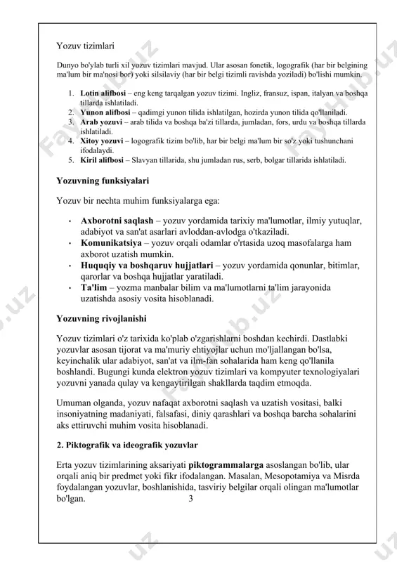 alifbosi bugungi kunda lotin alifbosining asosini tashkil qiladi. · fenikiyaliklar – fonetik yozuv tizimlarini rivojlantirgan birinchi xalqlardan biri bo'lib, ular o'z alifbosini shakllantirishda fonetik yozuvni qo'llashgan. fenikiyaliklar alifbosi keyinchalik yunoniston va boshqa o'rta er dengizi mamlakatlariga tarqaldi. 4. yozuvning rivojlanishi va yozuv tizimlarining xilma-xilligi yozuv tizimlari vaqt o'tishi bilan turli hududlarda va madaniyatlarda o'ziga xos shakllarga ega bo'lib rivojlandi. masalan: · misr hierogliflari – qadimgi misrda ishlatilgan yozuv tizimi bo'lib, tasviriy belgilarni ishlatgan. bu yozuvning ba'zi elementlari diniy va ma'rifiy maqsadlarda ishlatilgan. · mesopotamiya kuniformasi – qadimgi mesopotamiya, ya'ni sumer va akkadda ishlatilgan yozuv bo'lib, loy tabletalarga chizilgan belgilardan iborat edi. bu tizimda ham tasviriy va fonetik elementlar 2. piktografik va ideografik tizimlar birinchi yozuv tizimlarining aksariyati piktogrammalarga asoslangan edi, ya'ni 4 ular tasviriy belgilar orqali ma'lum bir obyektni yoki tushunchani ifodalagan masalan, mesopotamiyada va misrda ishlatilgan yozuvlar piktogrammalar asosida bo'lgan. · piktogrammalar: tasvirlar yordamida obyektlar yoki tushunchalar ifodalangan. misol …