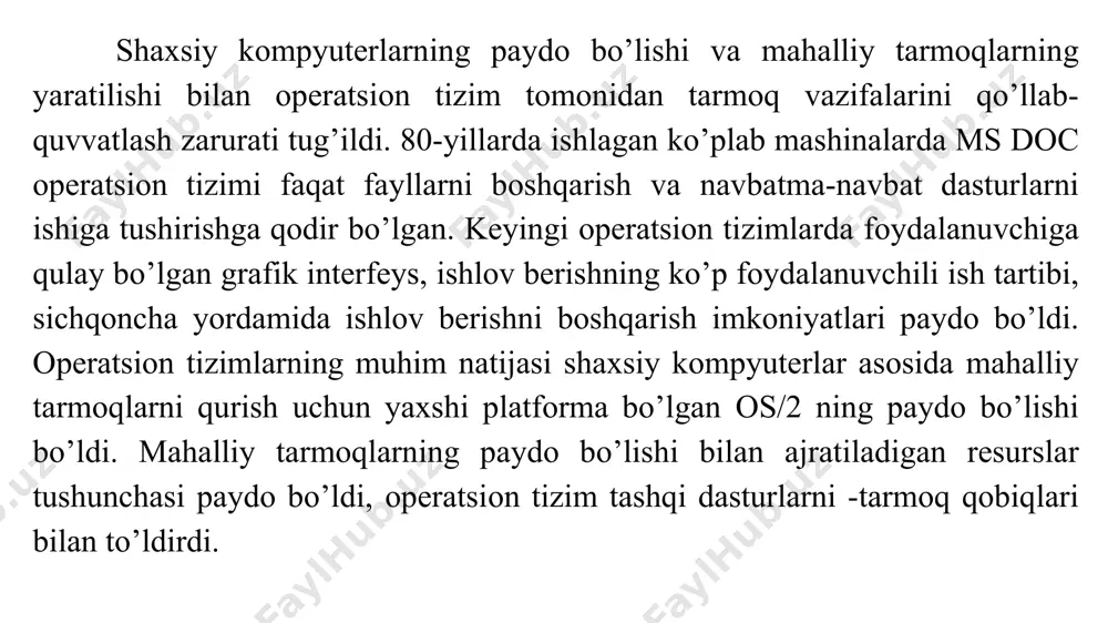 arish qurilmalari ishlatilishi jarayonida hisoblash jarayonlari orasida taqsimlanishi kerak. jarayon - bu ma’lumotlarga ishlov berish dasturini ishga tushirish yordamida bajarilishidir. boshqacha aytganda, bu foydalanuvchi tomonidan yozilgan dasturni dinamik ishlatish jarayoni hisoblanadi. resurslarni boshqarish quyidagi umumiy masalalarni yechishni о’z ichiga oladi: - kerakli vaqt momentida, kerakli hajmda, kerakli jarayonda yechiladigan resurslar (jarayonlar) masalalari uchun ajratiladigan resurslarni rejalashtirish; - sо’raladigan resurslarga sо’rovni qoniqtirish; - ajratiladigan resursdan foydalanishni nazorat qilish: - resurslarni ishlatishda jarayonlar orasidagi vaziyatlarni hal etish. tarmoq operatsion tizimlari yuqorida keltirilganidek, tarmoqning kompyuterli qisimi ishchi stansiyalar, serverlar, shaxsiy kompyuterlarni о’z ichiga oladi. tarmoqning kommunikatsion qisimiga kompyuterlar orasida ma’lumotlarning uzatilishini ta’minlaydigan kabellar, passiv va aktiv tarmoq qurilmalari kiradi. dasturiy ta’minotning asosini tarmoq operatsion tizimi tashkil etadi. u foydalanuvchiga о’z kompyuteri bilan ham avtomat ish tartibida, ham tarmoqning boshqa kompyuterlari axborot va apparat resurslariga ruxsat etilgan ish tartibida ishlash imkoniyatini beradi. ham avtomat ishlov berish ish tartibida, ham tarmoq orqali о’zaro ishlash ish …