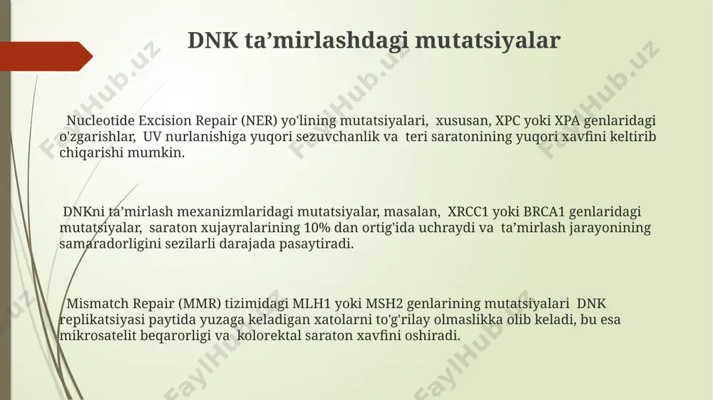 nkni taʼmirlash mexanizmlari bazani eksizlash (ber) mexanizmi, dnkdagi notoʻgʻri joylashgan yoki shikastlangan bazalarni aniqlash va ularni toʻgʻri bazalar bilan almashtirishda muhim rol oʻynaydi va taxminan 100 dan ortiq gen bilan bogʻliq. gomologik rekombinatsiya (hr) mexanizmi, dnkning ikki zanjirli sinishlarini taʼmirlashda muhim ahamiyatga ega boʻlib, bu jarayon yuqori aniqlik bilan amalga oshiriladi va dna polimeraza va reca oqsillari kabi koʻplab fermentlarni jalb qiladi. dnkni taʼmirlashning asosiy mexanizmlaridan biri boʻlgan eksizion taʼmirlash (ner) jarayoni, 20 dan ortiq turli oqsillarni oʻz ichiga oladi va dnkdagi katta shikastlanishlarni, masalan, timin dimerlarini, samarali bartaraf etishga imkon beradi. e'tiboringiz uchun rahmat @taqdimot_robot