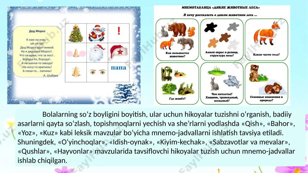 i inson xislatlari va hayot haqiqati ifodalanadi. “susanbil”, “bo’ri bilan tulki”, “ochko’z bo’ri”, “ayiqpolvon” sehrli-fantastik ertaklar voqealar sehr-jodu, fantastik uydirmalar asosida quriladi. qahramonlar va hodisalar aslidan farq qiladi. “ochildasturxon”, “semurg’”, “yalmog’iz”, “susambil” hayotiy-maishiy ertaklar voqealar asosan hayotdan olingan, odamlarida jiddiy fikr-mulohazalar uyg‘otadi, tarbiyaviy yo‘nalishga ega bo‘ladi. “zumard va qimmat”, “oygul bilan baxtiyor”, “ziyod botir”, “uch og’a-ini botirlar” “ertaklar bo‘yicha topshiriqlar” guruh ertak turi xususiyatlari misollar 1-chi guruh(3-4 yosh) 2-chi guruh(4-5 yosh) 3-chi guruh(5-6 yosh) guruh ertak turi xususiyatlari misollar 1-chi guruh(3-4 yosh) hayvonlar haqidagi ertaklar qisqa, sodda hikoyalar; hayvonlar orqali axloqiy xulosalar beriladi; ko‘p murakkab fantastika yo‘q. “susanbil”, “bo’ri bilan tulki”, “ochko’z bo’ri” 2-chi guruh(4-5 yosh) hayvonlar va sehrli-fantastik ertaklar hayvonlar bilan birga sehr-jodu elementlari paydo bo‘ladi; bolalar fantaziyasi rivojlanadi. “ochildasturxon”, “yalmog’iz”, “semurg’” 3-chi guruh(5-6 yosh) sehrli-fantastik va hayotiy-maishiy ertaklar sehr va fantastika bilan birga hayotdan olingan tarbiyaviy mazmun; bolalarda tushunish qobiliyati rivojlanadi. “zumard va qimmat”, “oygul bilan baxtiyor”, “uch …