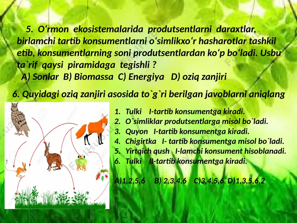 ning xilma-xilligi bilan farqlanadi. tabiiy ekosistemalardagi hayotiy jarayonlarni amalga oshishi va ularning shakllanishi inson faoliyatiga bog‘liq emas. tabiiy ekosistemalar 3 tipga bo‘linadi: 1) quruqlik ekosistemalari; 2) chuchuk suv ekosistemalari; 3) dengiz ekosistemalari. quruqlik ekosistemalari. quruqlik ekosistemalarining yer yuzida joylashuvini ikkita asosiy abiotik omil: harorat va yog‘in miqdori belgilaydi. yer sharining turli qismlarida iqlim bir xil emas. quruqlikdagi ekosistemalarda namlik cheklovchi omil hisoblanadi. produtsentlar transpiratsiya jaroyonida ko‘p suv sarflaydi, shu sababli namlikning miqdori ekosistemalarning mavjudligini belgilovchi omil hisoblanadi. harorat ham ekosistemadagi turlar xilma-xilligini belgilaydi, lekin cheklovchi omil sifatida namlik kabi muhim emas, chunki harorat davriy ravishda o‘zgarib turadi. harorat yil davomida bir xil bo‘lishi (ekvatorda) yoki fasllarga qarab o‘zgarishi mumkin. quruqlikdagi ekosistemalar juda xilma-xildir. bir xil iqlim mintaqalarida joylashgan ekosistemalar yig‘indisi biomlar deb nomlanadi. biomlar faqat quruqlikda mavjud. biomlarning quyidagi turlari farqlanadi: arktika tundrasi va alp tundrasi, shimoliy ignabargli o‘rmonlar, mo‘tadil iqlim o‘ o` rmonlari, dashtlar, sahrolar, tropik o‘rmonlar tundra shimoliy …