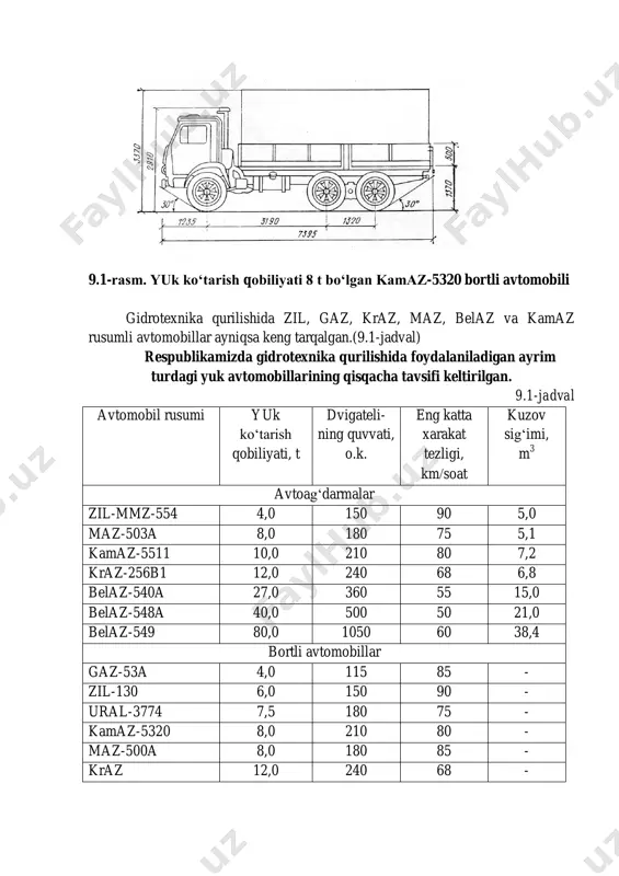 algan bo‘lib, qurilishning deyarli barcha texnologik jarayonlarining muxim elementlaridan biri xisoblanadi. transport sxemalarining o‘ta manyovrchanligi va moslashuvchanligi, yuklar ulardan foydalaniladigan joylarga tez etkazib berilishi gidrotexnika qurilishining murakkab sharoitlarida mazkur transport turini amalda tengi topilmaydigan transportga aylantiradi. shu bois qurilishni tashkil etish darajasi va uning xususiyati, qurilish jarayonlarining rivojlanish sur’ati avtomobil transportining aniq va ishonchli ishlashiga ko‘p jixatdan bog‘liq bo‘ladi. o‘z navbatida, amalga oshiriladigan umumiy qurilish va gidrotexnika ishlarining rang-barangligi va katta xajmlari, og‘ir yo‘l sharoitlari va boshqaxolatlar avtomobil parkining shakllanish xususiyatiga, transport xo‘jaligini tashkil etish va undan foydalanishga jiddiy ta’sir ko‘rsatadi. avtomobil parkining tarkibi va undagi transport vositalari soni avvalo gidrotexnika inshootlari bo‘g‘inida qurilayotgan asosiy inshootlarning turiga, ishlarning yillik xajmlariga, qurilish karerlari xamda qurilish xo‘jaligi ob’ektlarining joylashish xususiyatiga, qurilish xududining tabiiy-iqlim sharoitiga va boshqabir qancha omillarga bog‘liq bo‘ladi va yuzlab transport birliklari bilan o‘lchanadi. masalan, ust-ilimsk gesi qurilishida avtomobil parki qurilish ishlari xajmlari o‘z cho‘qqisiga etgan yilda 900 ga yaqin …