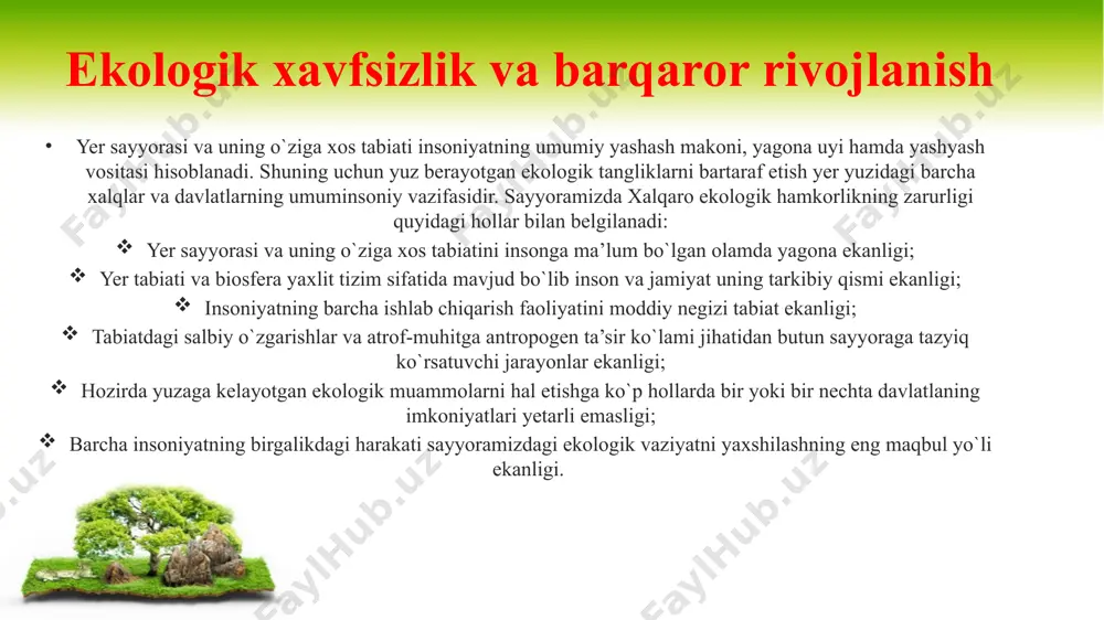 ib etish asoslarini o’rganadi. yangi asrning barkamol kishisi o’zida ekologik madaniyat unsurlarini ham namoyon eta olishi zamon talabidir. ekologik madaniyat — bu atrof-muhit to’g’risida chuqur bilimga, tabiatni asrash tuyg’usiga ega bo’lish, o’simliklar hamda hayvonlarga nisbatan g’amxo’rlik ko’rsatishga, tabiat zahiralaridan oqilona foydalanish, ularni ko’paytirish borasida qayg’urishga qaratilgan amaliy faoliyatning yuksak ko’rsatkichidir. ana shu xislatlarni o’zida aks ettira olgan igsonni ekologik madaniyat egasi, deb atash mumkin. iste'moldan ortiqcha suv jo’mraklardan oqishiga yo'l qo’ymaslik, suv havzalarini ifloslantirmaslik, axlatni duch kelgan joyga to’kmaslik, turar-joylarni ozoda saqlash, ko’chat va gullarni sindirmaslik hamda ularni ekish, hayvonlarga g’amxo’rlik qilish, qushlarni parvarishlash, xonadon va xiyobonlarni gulzorga aylantirish kabi harakatlarni amalga oshirish ekologik madaniyatlilikning eng oddiy ko’rinishlari sanaladi. hozirgi davrda inson va tabiat, fan-texnika taraqqiyoti va atrof-muhit, jamiyat va ekologiya o’rtasida nomutanosiblik vijudga kelayotir. bularning barchasi ekologik madaniyatni yanada yuksaltirish masalasini ko’ndalang qo’ymoqda. o’rta asrlarda yashab ijod etgan allomalar tabiat va undagi muvozanat, hayvonot olami va o’simliklar dunyosi, atrof-muhitni …