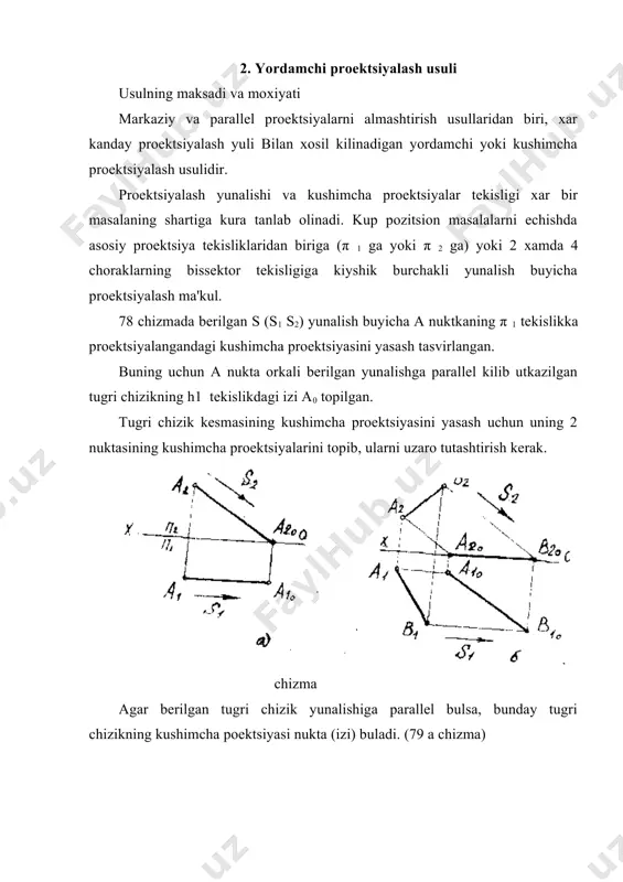 chizikga tushurilgan perpendikulyarning uzunligi bilan ulchanadi. anuktadan gorizontal bs chizikgacha bulgan masofani topish kerak deb faraz kilaylik. nuktaning gorizontal proektsiyasidan chizikning gorizontal proektsiyasiga perpendikulyar tushurilib d1 nuktani va bu nuktadan kutarilgan vertikal chizik bilan chizikning frontal proektsiyasi kesishgan joyida d2 ni aniklaymiz. xosil bulgan a1d1 , a2d2 kesmalar a nuktadan bs tugri chizikga tushurilgan perpendikulyarning proektsiyalaridir. perpendikulyarning xakikiy uzunligini tugri burchakli uchburchak (a1d1 d0) ni yasab aniklaymiz. 82 chizmada d1d0 = a11 a2 hz. a1 d0 =a d suralgan masofa buladi. 3. nuktadan tekislikgacha bulgan masofa. nukta bilan tekislik orasidagi masofa nuktadan tekislikga tushurilgan perpendikulyarni uzunligi bilan ulchanadi. 83 chizmada a nuktadan izlari orkali berilgan h tekislikkacha bulgan masofani topish tasvirlangan. epyurda chizma nuktaning gorizontal proektsiyasidan chizikning gorizontal proektsiyasiga perpendikulyar tushirib, d1 nuktani va bu nuktadan kutarilgan vertikal chizik bilan chizikniig frontal proektsiyasi kesishgan joyida d2 ni aniklaymiz. xosil bulgav a1d1, a2d2 kesmalar a nuktadan bs tugri chizikka tushirilgan perpendikulyarning …