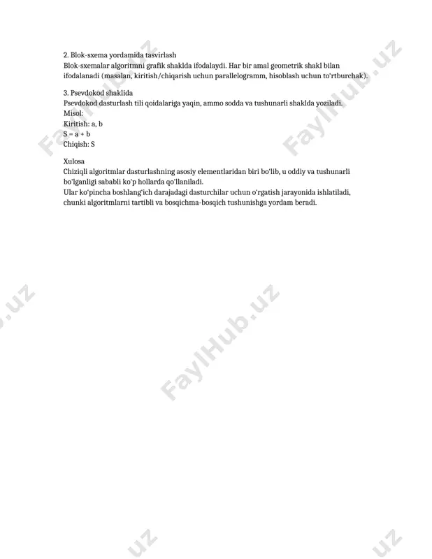 ish: s xulosa chiziqli algoritmlar dasturlashning asosiy elementlaridan biri bo‘lib, u oddiy va tushunarli bo‘lganligi sababli ko‘p hollarda qo‘llaniladi. ular ko‘pincha boshlang‘ich darajadagi dasturchilar uchun o‘rgatish jarayonida ishlatiladi, chunki algoritmlarni tartibli va bosqichma-bosqich tushunishga yordam beradi. /docprops/thumbnail.jpeg