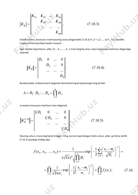 ritilgan tasodifiy o'zgaruvchilarning (x x , x 2 , ..., x k ) har qanday quyi tizimi ekanligini isbotlash oson (biz buni qilmaymiz). k _ v ..., x k , ..., x k + 1 , ..., x n ) (ixtiyoriy raqamlash), shuningdek quyidagi parametrlarga qarab normal qonun bo'yicha taqsimlanadi: k matematik taxminlar: k (k + 1) t x , t 2 , ..., m a , --- tizimning kovaryans matritsasining mos elementlaridan hosil bo'lgan kovaryans matritsasining elementlari (7.10.3): binobarin, normal taqsimlangan tasodifiy o'zgaruvchilarning quyi tizimi ( x ,, x ,, ..., xk) qo'shma normal zichlikka ega: bu erda qiymat kovaryans matritsasining (7.10.7) quyi tizimining determinantiga (x x , x 2 , ..., x k ) teng: kf ° kovaryans matritsasiga nisbatan teskari matritsaning elementlari tsa ^ ts (7.10.7). (7.8.13) formula bo'yicha quyi tizimning shartli taqsimot zichligini aniqlash mumkin. yilda. (x k + 1 , x k + 2 , …