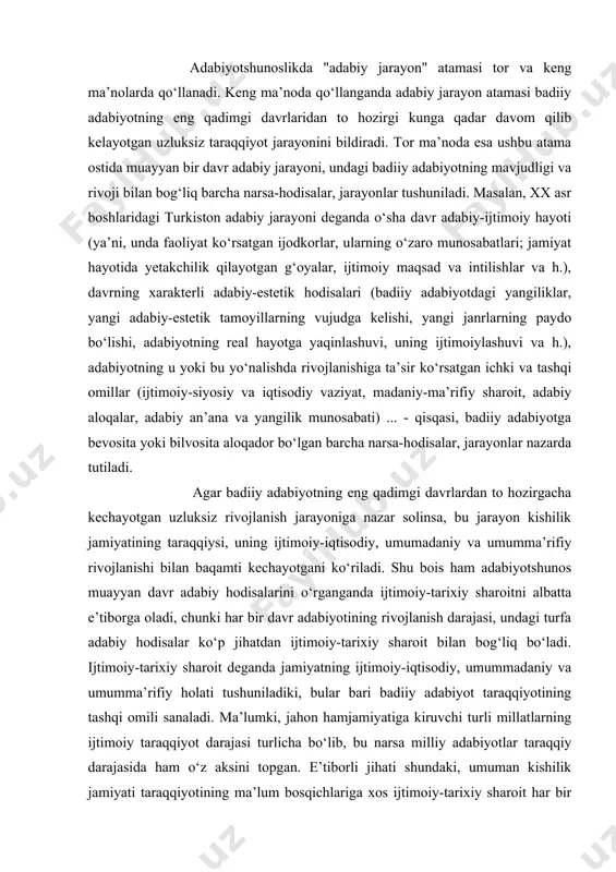 sharoit deganda jamiyatning ijtimoiy-iqtisodiy, umummadaniy va umumma’rifiy holati tushuniladiki, bular bari badiiy adabiyot taraqqiyotining tashqi omili sanaladi. ma’lumki, jahon hamjamiyatiga kiruvchi turli millatlarning ijtimoiy taraqqiyot darajasi turlicha bo‘lib, bu narsa milliy adabiyotlar taraqqiy darajasida ham o‘z aksini topgan. e’tiborli jihati shundaki, umuman kishilik jamiyati taraqqiyotining ma’lum bosqichlariga xos ijtimoiy-tarixiy sharoit har bir konkret jamiyat rivojida mohiyatan o‘xshashdir. shunga ko‘ra milliy adabiyotlar taraqqiyot bosqichlarida ham muayyan o‘xshashliklar kuzatiladiki, ularni milliy adabiyotlar taraqqiyotidagi stadial umumiylik deb yuritiladi. fikrimizni oydinlashtirish uchun konkret misolga murojaat qilaylik. masalan, asrimiz boshidagi turkiston ijtimoiy-tarixiy sharoitining milliy adabiyotimiz taraqqiyotiga ta’sirini yorqinroq tasavvur qilish uchun, fikrimizcha, uni yevropa adabiyoti tarixi bilan muqoyasa qilish foydalidir. kuzatishlar shuni ko‘rsatadiki, jadidchilik harakati o‘zining ko‘p jihatlari bilan xyiii asrda yevropada keng quloch yoygan ma’rifatchilik harakatiga o‘xshashdir. har ikki harakatga xos mushtarak nuqtalarga bir qur nazar solinsayoq, bizningcha, bu fikrimizda jon borligi anglashiladi. avvalo shuki, har ikki harakat ham feodal asoslar yemirilib, ularning o‘rnida …