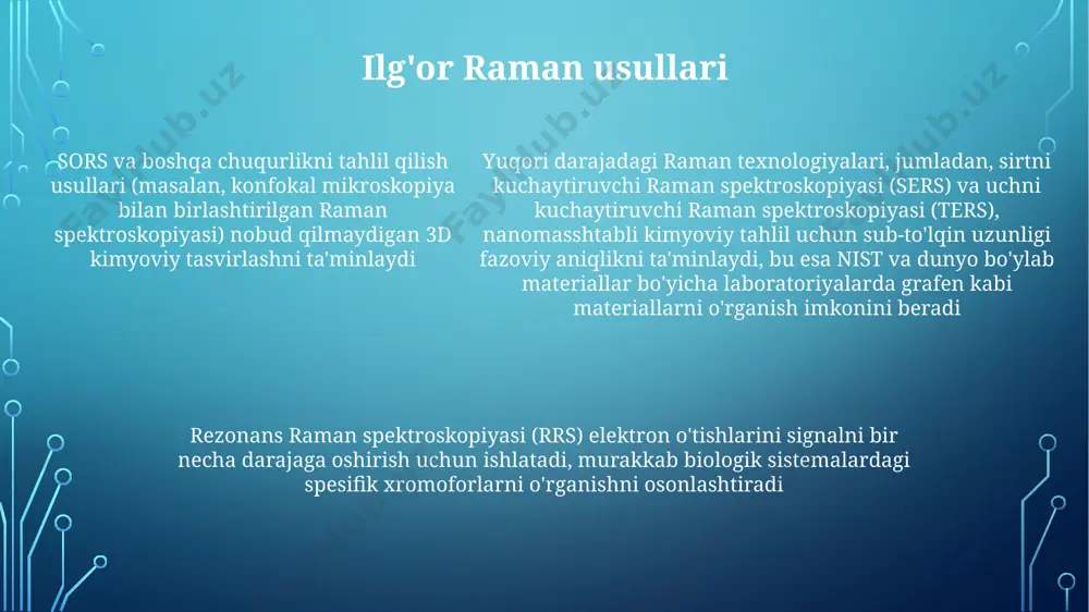 sbob-uskunalar va namunalar tayyorlashda (masalan, zarracha o'lchami, sirt qo'polligi) farqlar mavjud tibbiyotda qo'llanilishi raman spektroskopiyasi tibbiy diagnostikada, lipidlar (masalan, qondagi xolesterin) va oqsillar (masalan, altsgeymer kasalligidagi amiloid plakları) kabi biomolekulalarni tahlil qilishda qo'llaniladi. saraton to'qimalarini sog'lom to'qimalardan farqlashda (masalan, ko'krak yoki yo'g'on ichakda) miqdoriy tahlil o'tkaziladi raman spektroskopiyasi yordamida invaziv bo'lmagan kasallik aniqlash tez rivojlanmoqda. teri saratonini teri shikastlanishlarini raman tahlili orqali tez va in-vivo baholash mumkin. nafas namunalarini uchuvchi organik birikmalar (uob) ga tahlil qilish o'pka saratonini aniqlashga yordam beradi dorilar yetkazish va farmakokinetika tadqiqotlari raman spektroskopiyasidan foydalanadi. dori vositalarining to'qimalardagi taqsimlanishini tahlil qilish (masalan, jigar yoki buyrakdagi dori kontsentratsiyasi) dozani va davolanish samaradorligini optimallashtirishga yordam beradi. organizmning ma'lum joylarida nanopartikullardan dori chiqarilishini real vaqtda kuzatish qimmatli ma'lumot beradi namunalarni tayyorlash usullari raman spektroskopiyasi uchun namunalar tayyorlashda lazer ablatsiyasi (la) yordamida mikro-namuna olish, nanopartikullar uchun erituvchini bugʻlatish va murakkab namunalar (masalan, atakama choʻlidan olingan geologik namunalar, odam jigaridan olingan …
