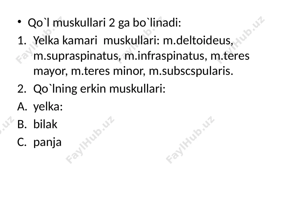 boshlanib, bilakning oldingi yuzasiga birikadi. m.flexor carpi ulnaris- epic.med.dan bosh-b, ilmoqsimon va no’xatsimon suyakka birikadi. m.palmaris longus- epic.med. dan bosh-b, 2-kaft suyagiga birikadi. m.brachioradialis 2- qavatda – 1ta muskul m.flexor digitorum superfacialis- epic.med.dan bosh-b va bilak-tirsakning old.yuzasidan boshla-b, 2-5 barmoqlarning o’rta falangasiga birikadi. 3- qavat – 2ta muskul m.flexor digitorum profundus.barmoqlarni bukuvchi chuqur muskul.epic.med.dan bosh-b, 2-5 falangalarning distaliga borib birikadi. m. flexor pollicis longus.bosh barmoqni bukuvchi uzun muskul.epic.med.dan bosh-b,bosh barmoqning proksimal va distal falangalarida tugaydi. 4 qavat – 1 ta muskul m.quadratus pronator- tirsakning oldingi yuzasidan boshlanib, bilakning oldingi yuzasiga birikadi, past tomonda joylashgan. bilakning lateral guruh muskullari m.brachio-radialis.epic.lateralisdan bosh-b, bialkning processus styloideusga birikadi. m.extensor carpi radialis longus.bilakni kaft tomonga yozuvchi uzun muskul.epic.lateralisdan bosh-b, 2 kaft suyagiga birikadi. m.extensor carpi radialis breves.epic.lat. dan bosh-b, 3 –kaft suyagiga birikadi. orqa guruhdagi muskullari yozuvchilar va supinatorlar hisoblanadi.bu yerdagilar epicondylus lateralisdan boshlanadi. m.extensor carpi ulnaris- kaftni tirsakka yozuvchi mus.epic.lat.dan bosh-b, 5-kaft suyagiga tugaydi. …