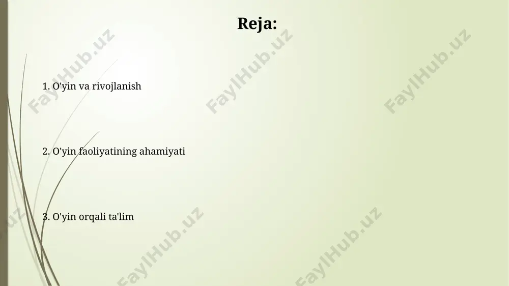 nal rivojlanishda o'yin muhim rol o'ynaydi; guruhdagi o'yinlar bolalarda 15-25% ga hamkorlik va empatiya ko'nikmalarini rivojlantiradi. bolalar rivojlanishida o'yin, ayniqsa, 3-5 yosh oralig'ida, kognitiv funksiyalarni, jumladan, muammo yechish va xotirani, 20-30% ga yaxshilashga yordam beradi. zamonaviy maktabgacha ta'limda o'yinning o'rni o'yinlar ijtimoiy-emotsional rivojlanishni, ya'ni bolalarning o'zaro muloqot, hamkorlik va muammolarni hal qilish qobiliyatini 30% ga oshirishga yordam beradi. zamonaviy maktabgacha ta'lim muassasalarida o'yin faoliyati bolaning kognitiv rivojlanishida muhim rol o'ynaydi, 70% dan ortiq bilim va ko'nikmalar o'yin orqali o'zlashtiriladi. o'yin orqali bilim olish o'yinlar orqali muammolarni yetish va kreativ fikrlash qobiliyatlarini rivojlantirish, 5 yoshli bolalarda muammo hal qilish ko'nikmalarini 80% ga oshiradi. o'yin faoliyati ijtimoiy-emotsional rivojlanishga, nutq va muloqot ko'nikmalarini shakllantirishga, 3-4 yoshli bolalarda 60% tegishli muammolarni oldini oladi. muloqot ko'nikmalarini shakllantirish guruhli o'yinlar, masalan, qo'g'irchoq teatri yoki konstruktorlar bilan o'ynash, bolalarning nutq faolligini 30% ga oshirib, o'z fikrlarini ifoda etish va tinglash ko'nikmalarini yaxshilaydi. rolli o'yinlar orqali bolalar turli …