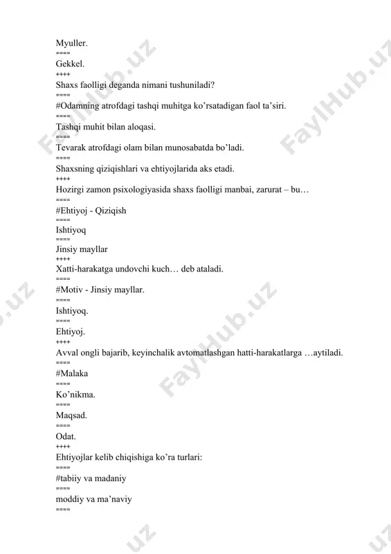 kning shaxsga bog’liqligi ==== yo’q narsani idrok qilish +++++ appersepsiya – bu ... ==== #idrokning shaxs va uning tajribasiga bog’liqligi ==== vaqtni, harakatni idrok qilish ==== yo’q narsani idrok qilish ==== o’smirlikning o’tish davri krizisi ++++ obyekt va fon bu..... ==== #shaxs uchun ayni paytda ahamiyatli narsa (obyekt), muhim bo’lmagan narsa (fon). ==== sezgi va idrokning bir-biriga bog’liqligi ==== uyni, gulni batafsil idrok qilish ==== narsalarning hajmini idrok qilish ++++ insonni inson tomonidan idrok qilinishi nima deb ataladi? ==== #ijtimoiy persepsiya ==== ijtimoiy konstantligi ==== ijtimoiy kommunikativlik ==== ijtimoiy tashkilotchilik ++++ insonni inson tomonidan idrok etilishi kim tomonidan tadqiq etilgan? ==== #a.a.bodalev ==== a.r.luriya ==== i.pavlov ==== a.orbeli ++++ qaysi qatorda xotira tushunchasiga to’g’ri ta’rif berilgan? ==== #ilgari idrok qilgan predmet va hodisalarni yodda saqlash, keyinchalik ularni esga tushirishdan iborat jarayon ==== miyada iz hosil bo’lishi ==== miyadagi muvaqqat bog’lanishlar ==== kundalik bilimlarni esda olib qolishga ++++ turli xil harakatni …