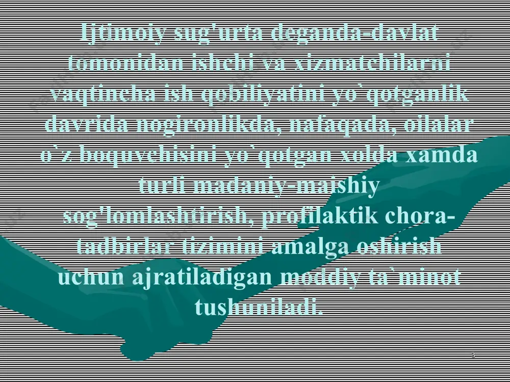 nidan beriladi. * kasallik varaqasi quyidagi holatlarda beriladi: a) vaqtincha mexnat qobiliyatini yo`qotish bilan bog'liq bo`lgan kasallanishlarda (jaroxatlarda); b) xomiladorlik va tug'ish bo`yicha beriladigan ta`tilda; v) bemor oila a`zosini uy sharoitida parvarish qilish zarur bo`lganda; g) sanatoriya - kurortlarda (ambulator-kurort) davolanganda d) sil yoki kasb kasalliklari tufayli vaqtincha boshqa ishga o`tkazilganda; e) karantinda; j) protez – ortopedik statsionar sharoitda protezlashda. * kasallik varaqasini berish va uzaytirish mexnatga qobiliyatsiz shaxsni vrach shaxsan ko`rikdan o`tkazgandan so`ng amalga oshiriladi va tibbiy hujjatlarga qayd etish orqali asoslanadi. bunda kasallik varaqasini berish yoki uzaytirish uchun asos bo`lgan tashxis klinik ma`lumotlar va zarur laboratoriya-instrumental tekshiruv natijalari bilan tasdiqlanishi lozim. * kasallanish va jaroxatlanishlarda kasallik varaqasining berilishi. bemor ambulator –poliklinika sharoitida davolanganda davolovchi vrach kasallik varaqasini bir vaqtning o`zida 5 kalendar kunigacha berishi mumkin. kasallik varaqasini 5 –kalendar kundan ortiq bo`lgan muddatga uzaytirish davolovchi vrach va bo`lim mudiri tomonidan amalga oshiriladi, bunda xar doim kasallik varaqasi 10 …