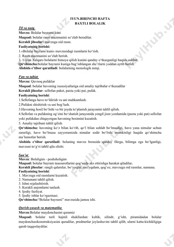 vzusida jamoa ishi. qurish-yasash va matematika mavzu:bolalar maydonchasini quramiz maqsad: bolalar turli hajmli shakllardan: kubik, silindr, g‘isht, piramidadan bolalar maydonchasikonstruksiyasini quradilar, predmetlar joylashuvini tahlil qilib, ularni katta-kichikligiga qarab taqqoslaydilar. kerakli jihozlar: kubiklar, geometrik shakllar, lego, arg‘imchoq uchun kerakli qismlar. faoliyatning borishi: 1. 1.”bolalar maydonchasi” mavzusidagi rasmlarni kо‘rish. 2. ishni rejalashtirish. 3. 3.bolalar maydonchasining qurish va uni mayda о‘yinchoqlar bilan tо‘ldirish. 4. bolalar maydonchasidagi predmetlar joylashuvi tahlili. qо‘shimcha: bolalar maydonchasiga oid bolalar adabiyoti namunalari. alohida e’tibor qaratiladi:bolalarning jamoada ishlay olish malakalari. syujetli rolli о‘yinlar va sahnalashtirish mavzu:mehmonda maqsad:bolalar mehmonga borish odobini biladilar, mehmonlar orasida sо‘zlashish madaniyatiga ega bо‘ladilar. kerakli jihozlar: mavzuga mos uy jihozlari, qо‘g‘irchoqlar, idish-tovoqlar, oshxona anjomlari. faoliyatning borishi: 1. о‘yinni rejalashtirish. 2. rollarni о‘zaro taqsimlash. 3. о‘yin jarayoni. 4. о‘yin yakuni, muhokama. qо‘shimcha: qо‘shni guruhga mehmonga chiqish. alohida e’tibor qaratiladi: mezbon va mehmon odobi. san’at mavzu: bayram sovg‘asi maqsad: bolalar ijod qilishga, ijodiy tasavvurlarini kengaytirishga, о‘z ishini did bilan …