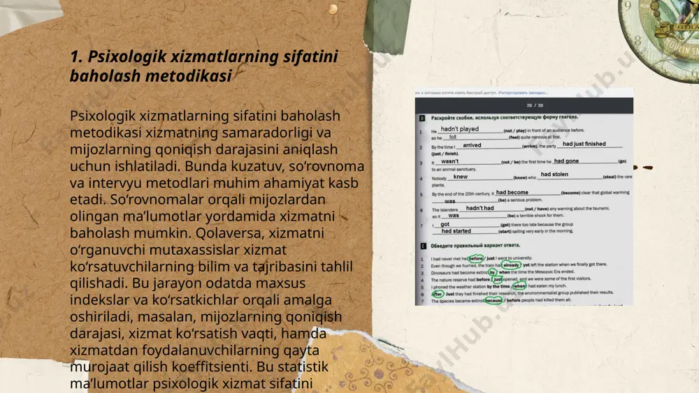 li psixologik masalalarga e’tibor qaratish lozim. ushbu choralar maktablarda psixologik xizmat samaradorligini oshiradi va o‘quvchilarni har tomonlama qo‘llab-quvvatlaydi. ... t.me/slaydai_bot psixologik xizmatda axloqiy me'yorlar va etika inson huquqlari, ishonchni ta'minlash va shaxsiy ma'lumotlarni himoya qilishni nazarda tutadi. psixologlar muloqotda maxfiylikka rioya qilishlari shart. yevropa psixologik konvensiyasida axloqiy me'yorlar qat'iy belgilangan bo'lib, ular bemorlarning roziligi, halollik va hurmat kabi tamoyillarni o'z ichiga oladi. ba'zi davlatlarda maxsus psixologik etik kodekslar mavjud. psixologlar bemorlariga nisbatan professionallikni saqlashi va subyektiv xulq-atvorni chetga surishi zarur. bu etik me'yorlar to'g'ri qo'llansa, mijozlarga sifatli va samarali yordam ko'rsatish imkonini beradi. ... t.me/slaydai_bot 7. qishloq hududlarida psixologik xizmatning sifati 7. qishloq hududlarida psixologik xizmat sifati nochorligi sababli aholining 60% i kerakli xizmatlarni ololmaydi. ushbu hududlarda faqat 30% maktablarda doimiy psixolog mavjud. mutaxassislar soni yilda atigi 5% oshmoqda. psixologik yordam olish uchun o'rtacha 40 km masofa bosib o'tish talab etiladi. maxsus treninglar o'tkaziladigan qishloq maktablarining ulushi faqat 15% ni …