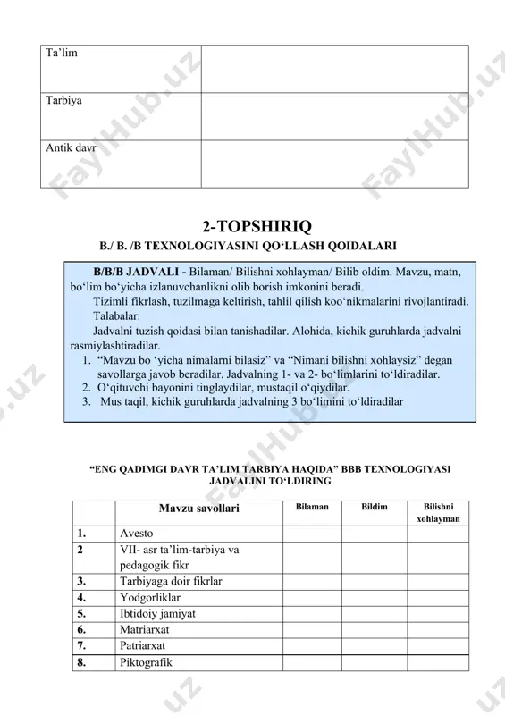 a rivoyatlar yaratilgan bo'lib, ular avloddan avlodga og'zaki va yozma ravishda o'tib borgan. avesto asari kim tomonidan yaratilgani borasida turli qarashlar mavjud bo'lib, mashhur sharqshunos olim ye.e. bertelsning fikriga ko'ra, ushbu asar 1278 yilda rayd zardusht ibn bahrom ibn pajdu degan kishi tomonidan yozilgan. mazkur fikr zardushtnoma dostonida bayon etilgan ayrim fikrlar asosida yuzaga kelgan. xususan, dostonda avesto va zendni zardusht dunyoga keltirgani, uning tug'ilishi va keyingi hayoti xususidagi ma'lumotlar keltiriladi. avesto diniy xarakterga ega bo'lish bilan birga o'zida falsafiy, siyosiy, filologik, ta'limiy va tarbiyaviy masalalarni ham qamrab olgan asardir. abu rayhon beruniy o'zining? qaysi asarida zardushtiylik dini qadimgi xuroson, fors, iroq va balxdan tortib suriya yerlarigacha tarqalganligini aytadi. fanni o‘zlashtirish va mustaqil o‘qib-o‘rganish uchun asosiy adabiyotlar ro‘yxati: 1. b.s.abdullayeva, a.a.xoliqov, d.r.farsaxonova, s.v.muhammadiyeva, m.b.sheranova / umumiy pedagogika (1-qism) / darslik. – toshkent: “innovatsiya-ziyo”, 2021, 342 bet. 2. a.musurmanova va boshqalar. / umumiy pedagogika (1-2 qism) / oʻquv qoʻllanma. – toshkent: …