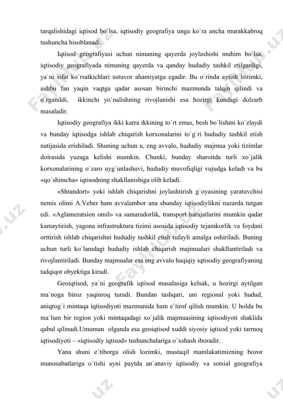 a ham e`tirof qilish mumkin. u holda bu ma`lum bir region yoki mintaqadagi xo`jalik majmuasining iqtisodiyoti shaklida qabul qilinadi.umuman olganda esa geoiqtisod xuddi siyosiy iqtisod yoki tarmoq iqtisodiyoti – «iqtisodiy iqtisod» tushunchalariga o`xshash iboradir. yana shuni e`tiborga olish lozimki, mustaqil mamlakatimizning bozor munosabatlariga o`tishi ayni paytda an`anaviy iqtisodiy va sotsial geografiya fanining jahon andozalariga mos ravishda ijtimoiy geografiya maqomini olishiga to`g`ri kelmoqda. albatta, bu yerda ham ijtimoiy geografiya jamiyat geografiyasi bo`lmay, u mazmun va maqsadiga ko`ra murakkabroq va mukammalroq tushunchadir. ijtimoiy geografiya avvalambor jamiyatni yoki kishilar hayot faoliyatini hududiy tashkil etish muammolari bilan shug`ullanadi. tashkil etish esa hamma vaqt yetuk va mukammal tizimlar g`oyasiga muvofiq boshqarishni nazarda tutadi va bu masala ham bozor iqtisodiyoti sharoitida o`zgacha amalga oshiriladi. sababi-mulkchilikning turli shakllarini mavjudligi, uning davlat tasarrufidan chiqarilishi, o`z navbatida, bu sohadagi davlatning an`anaviy funksiyasini o`zgartiradi. endigi sharoitda davlat ishlab chiqarishni rivojlantirish va hududiy tashkil etish muammolarini bevosita emas bilvosita, ya`ni soliq, …