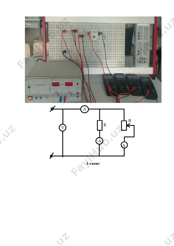 ezistor, [v] irezistor, [a] ureostat, [v] ireostat, [a] 3 221.2 0.0005 213.9 0.0005 5.18 0.0005 1-jadval: ketma-ket ulangan zanjirdan olingan qiymatlar. № ukir, [v] ium, [a] irezistor, [v] urezistor, [v] ireostat, [v] ureostat, [v] 1 140.7 0.013 0.0126 140.7 0.0003 140.7 2 3 2-jadval: paralel ulangan zanjirdan olingan qiymatlar. № ukir, [v] i1, [a] i2, [a] i3, [a] i4, [a] i5, [a] i6, [a] i7, [a] i8, [a] 1 23.09 0.1098 0.1112 0.1116 0.1117 0.1118 0.1119 0.1122 0.1123 2 3 3-jadval: reostat ulangan zanjirdan olingan qiymatlar. ketma-ket ulangan o’zgarmas tok zanjirida umumiy kuchlanish 221.2 v, zanjirga ulangan reostat va rezistorlarda tushuvchi kuchlanishlar yig’indisi 219.8 vga teng. ∆u=1.4 vkuchlanish istemolchilar bilan manbani bog’lovchi liniya qarshiligi hisobidan. tarmoq istemolchilardan oqib o’tuvchi tokning qiymatlari teng. paralel ulangan o’zgarmas tok zanjirida umumiy tok 0.013 a , zanjirga ulangan rezistor va reostatdagi toklar yig’indisi 0.0129 a ga teng. ∆i=0.0001 a tok istemolchilar bilan manbani bog’lovchi …