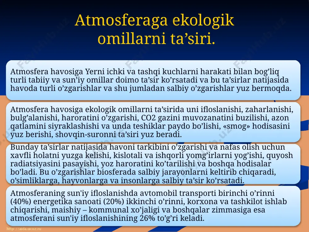 aoliyati natijasida yuzaga keladi. asosiy ifloslanish manbalari sanoat korxonalari, transport va maishiy faoliyatdan iborat bo‘lib, ular havoning tarkibini o‘zgartiradi va sog‘liq uchun xavf tug‘diradi. bu holat nafas olish tizimi kasalliklari, yurak-qon tomir va boshqa salbiy salomatlik muammolariga olib kelishi mumkin. muammoni bartaraf etish uchun zamonaviy ekologik toza texnologiyalarni joriy etish, monitoring tizimlarini takomillashtirish va davlat nazoratini kuchaytirish zarur. foydalanilgan adabiyotlar davlat atrof-muhit holati bo‘yicha hisobot va normativ hujjatlar. ivanov i.i. "ekologik xavfsizlik: muammolar va yechimlar". petrov p.p. "sanoat ifloslanishi va uning oqibatlari". "ekologiya" va "atrof-muhit" ilmiy jurnallaridagi maqolalar. atrof-muhit ifloslanishini kamaytirish bo‘yicha ekologiya vazirligi metodik tavsiyalari. image5.jpeg image6.jpeg image7.jpeg image8.png image1.jpeg image2.png image3.png image4.png /docprops/thumbnail.jpeg