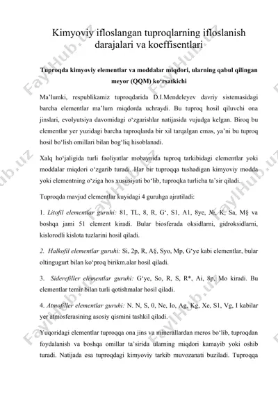 kimyoviy ifloslangan tuproqlarning ifloslanish darajalari va koeffisentlari — DOC