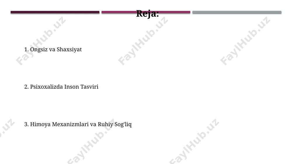 r, ayniqsa 30 dan ortiq mamlakatda o'tkazilgan tadqiqotlar natijalari asosida, madaniy nisbiylik nuqtai nazaridan ko'p hollarda shubha ostiga qo'yilgan. bu esa transkultural psixologiya va etnik psixologiya kabi muqobil maydonlarning paydo bo'lishiga olib keldi. 1960-yillardan boshlab, xususan germaniyada va buyuk britaniyada, qo'llab-quvvatlovchi dalillar va empirik tekshiruvlarning yetishmasligi tufayli psixodinamik yondashuvlarning ilmiy asosliligi haqida jiddiy shubhalar paydo bo'ldi, bu esa kognitiv-xulq terapiyasi kabi muqobil nazariyalarni rivojlanishiga turtki bo'ldi. travma va uning oqibatlari: psixik jarohatlar psixik jarohatlarning 70% dan ortig'i bolalik davrida, 5 yoshgacha bo'lgan davrda, ayniqsa, oilasida zo'ravonlik yoki e'tiborsizlik kuzatilgan bolalarda kuzatiladi. jahon sog'liqni saqlash tashkiloti (jsst) ma'lumotlariga ko'ra, psixik jarohatlar depressiya, anksiozlik buzilishi va giyohvandlik kabi 3 dan ortiq ruhiy kasalliklarga olib kelishi mumkin. psixoterapiya: davolash usullari kognitiv-xulq terapiyasi (kxt) 12 hafta davomida o‘tkaziladigan dasturlar bilan samarqand va buxoroda ham muvaffaqiyatli qo‘llanilmoqda. psixoterapiya, jumladan, 5-10 seans davom etadigan qisqa muddatli psixodinamika usullari, toshkentdagi klinikalarda keng qo‘llanilmoqda. himoya mexanizmlari: reallikdan qochish …