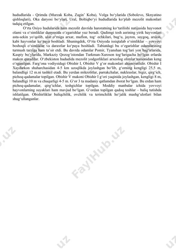 shi; - aqlning rivojlanishi (hayvonlarni orqasidan quvib, chuqurga xaydash emas, balki ularni o‘q-yoy otib ovlash) va faoliyatning ongliligi; - itni qo‘lga o‘rgatilishi; - mezolitda ovchilik ho‘jaligi bilan birga baliqchilik va terimchilik mashg‘ulotlarini ham o‘z ahamiyatini yo‘qotmagan ekanligi; - ovchilikda individual harakatlarning ko‘zga tashlanish (it bilan ov qi- lish, tuzoq qo‘yish); - baliqchilikda – garpunlar, to‘rlar bilan, qarmoqlar bilan ov qilish usullarining paydo bo‘lishi. mezolit davri dunyoning hamma qit’alarida hali qadam bosilmagan joylarni o‘zlashtirish davridir. bu davrda odam yashaydigan hududlar chegarasi kengayib borgan. mezolit davrida urug‘ a’zolarining kollektiv mehnati, o‘zaro yordamlari ov va baliqchilikning zaruriy sharti bo‘lgan. tosh qurollar va o‘q-yoy bilan tabiat kuchlari va yirtqich hayvonlarga qarshi yakka holda kurashib bo‘lmas edi. kishilar ochdan o‘lmaslik, yirtqich hayvonlarga em bo‘lmaslik yoki qo‘shni jamoalar qo‘lida halok bo‘lmaslik uchun ov qilish, o‘rmonda meva yig‘ish, baliq ovlash ishlarini birgalashib bajarishga majbur edilar. kamondan foydalanish ov unumdorligini oshirishi, ho‘jalikning yangi shakllarini vujudga keltirishi lozim edi. …