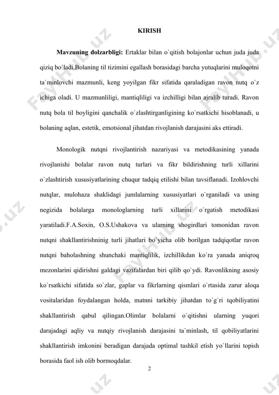 h, til qobiliyatlarini shakllantirish imkonini beradigan darajada optimal tashkil etish yо`llarini topish borasida faol ish olib bormoqdalar. nutqni о`qitishning nazariy va empirik muammolarini tadqiq etish quyidagi nazariy qoidalardan kelib chiquvchi umumiy boshlang`ich pozitsiyalarga ega: - ta`lim maktab yoshdagi bolalar nutqini rivojlantirishda, ayniqsa zamonaviy noqulay nutqiy muhit sharoitida hal qiluvchi ahamiyatga ega; - nutqni о`rgatish – «…dan to …gacha» kabi qattiq qoliplar tо`g`ri kelmaydigan hamda nutqni rivojlantirishning yosh qonuniyatlari va bolaning individual xususiyatlari bilan belgilanadigan ijodiy jarayondir; - nutqni rivojlantirishning asosida kommunikativ yondashuv bо`lishi kerak, xususan: ona tilini о`zlashtirish nutqiy muloqot faoliyatiga qо`shilishi, о`quv sharoiti tabiiy muloqot sharoitlariga yaqinlashtirilishi lozim; - о`qitish vaziyatida katta yoshli odamning bola bilan о`zaro hamkorligining xususiyati ushbu bola uchun yetakchi bо`lgan muloqot shakli bilan belgilanishi lozim; - til ustida nutqiy faoliyat tuzilmasi doirasida hamda uning barcha komponentlarini: undov-motivatsiya, yо`naltirish-tadqiqot, ijro komponentlarini hisobga olgan holda ish olib borish zarur; -nutqni о`qitish bolalarning tilni о`rganish bо`yicha mustaqil faoliyatiga …