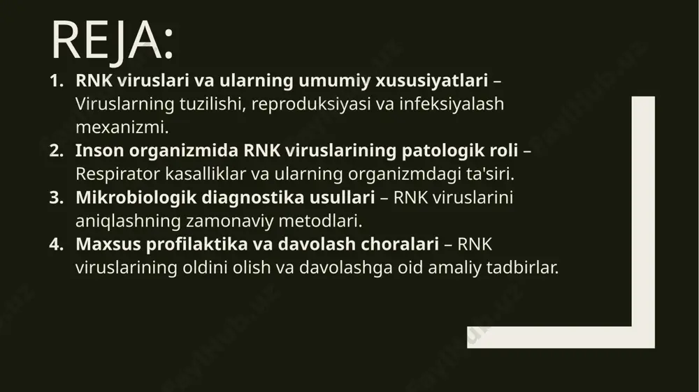 di, shu bilan kasallikning keng tarqalishiga olib keladi. rnk viruslari, o'zlarining genetik materialini ribonuklein kislota (rnk) shaklida saqlaydi. ular bir nechta turdagi bo'lishi mumkin, jumladan, single-stranded rnk (ssrna) va double-stranded rnk (dsrna). ushbu viruslar o'zlarining genetik materialini hujayra ichida replikatsiya qilish uchun qo'llaniladigan mexanizmga ega. rnk viruslarining asosiy xususiyati, ularning genetik materialining o'zgaruvchanligi yuqori bo'lishi, bu esa mutatsiyalar va yangi shtammlar paydo bo'lishiga olib keladi. viruslar odam hujayrasiga kirgach, o'z rnk materialini hujayra ichida o'qish uchun foydalanadi. bu rnk, avval hujayra ribosomalariga bog'lanib, yangi virus proteinlarini sintez qilishga yordam beradi. keyinchalik, yangi virus zarralari hosil bo'ladi va ular hujayrani tark etib, boshqa hujayralarni zararlay boshlaydi. bu jarayon kasallikning tarqalishiga olib keladi va organizmda infeksiya boshlanadi. inson organizmida rnk viruslarining patologik roli – respirator kasalliklar va ularning organizmdagi ta'siri. inson organizmida rnk viruslari turli respirator kasalliklarga olib kelishi mumkin. bu viruslar, asosan, nafas olish yo'llariga ta'sir qiladi va nafas olish tizimining …