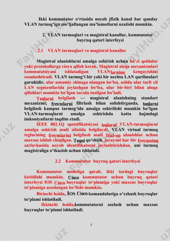 har bir freymning sarlavhasida noyob identifikatorni joylashtirishdan, uni tarmoq magistraliga oʻtkazish uchun ishlatadi. 2.2 kommutator buyruq qatori interfeysi kommutator modeliga qarab, ikki turdagi buyruqlar kiritilishi mumkin. cisco kommutator uchun buyruq qatori interfeysi ios cisco buyruqlar toʻplamiga yoki maxsus buyruqlar toʻplamiga asoslangan boʻlishi mumkin. birinchi holda, ios cisco komandalariga oʻxshash buyruqlar toʻplami ishlatiladi. ikkinchi holda,kommutatorni sozlash uchun maxsus buyruqlar toʻplami ishlatiladi. ushbu 2 turdagi cli uchun buyruqlar toʻplamlari farq qilishi mumkin. quyida ios cisco buyruqlaridan foydalanadigan imtiyozli rejimning buyruq qatori keltirilgan: switch#show trunk quyida maxsus buyruqlar toʻplamidan foydalanib, imtiyozli kalit rejimining buyruq qatori keltirilgan: switch>(enable)set vtp v2 enable 3.asosiy ulanishlarni amalga oshirish ios cisco komandalaridan foydalanadigan switchdagi asosiy vlan aloqasini yaratish yoki sozlash uchun avval ushbu sportni magistral tomonga sozlashingiz kerak, keyin esa ushbu magistralda inkapsulatsiya turini koʻrsatish kerak. inkapsulatsiya turi, aloqaning har ikki uchida ham bir xil boʻlishi kerak. kommutator portidagi, vlan-magistralni sozlashdan oldin, ushbu port tomonidan qaysi turdagi inkapsulatsiya …