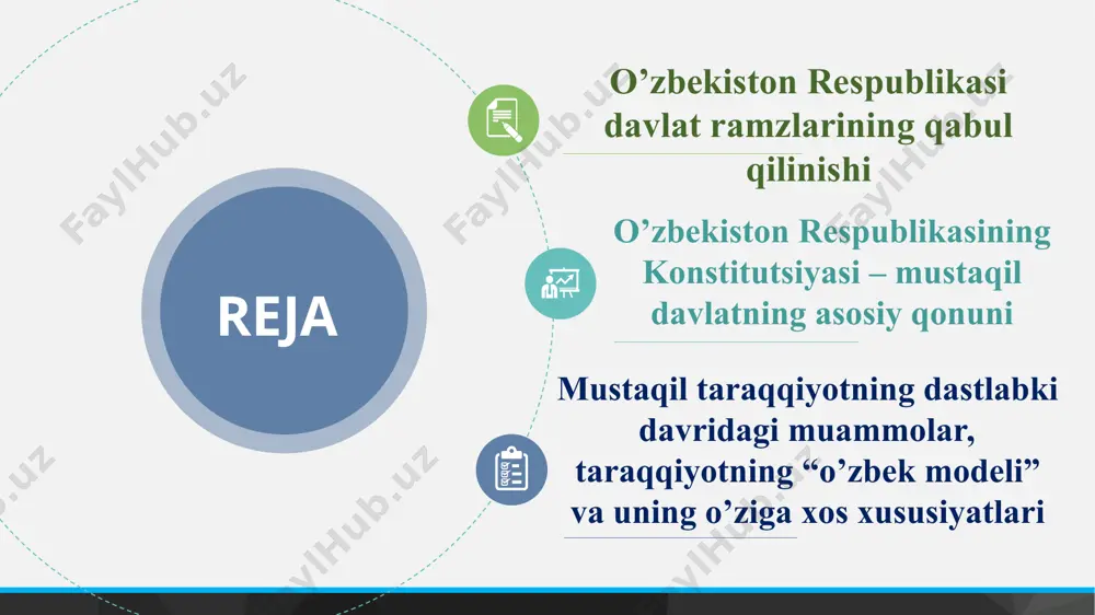 vlat mustaqilligining ramziy belgilaridan biri hisoblanadi. «gerb» so‘zi nemischa «erbo» so‘zidan olingan bo‘lib, shohlar va hukmdorlarga davlat, hudud va boshqa nasldan-naslga meros qoluvchi mulk belgisini anglatadi. “o‘zbekiston respublikasining davlat gerbi to‘g‘risida”gi qonunga1999 yil 15 aprel, 2003 yil 25 aprel, 2004 yil 3 dekabr va 2010 yil 24 dekabrda qabul qilingan qonunlarga muvofiq qo‘shimchalar kiritilgan. nodavlat notijorat tashkilotlarining ramzlari о’zbekiston respublikasining davlat gerbiga o‘xshash bo‘lishi mumkin emas. o‘zbekiston respublikasining fuqarolari, o‘zbekistonda turgan boshqa shaxslar davlat gerbini hurmat qilishlari shart. * o‘zbekiston respublikasining davlat madhiyasi 1992 yil 10 dekabrda qabul qilingan «o‘zbekiston respublikasining davlat madhiyasi to‘g‘risida»gi qonunga binoan, o‘zbekiston respublikasining davlat madhiyasi o‘zbekiston respublikasi davlat suverenitetining ramzidir. davlat madhiyasi qonunda belgilangan vaqt va marosimlarda ijro etiladi. davlat madhiyasi umummilliy bayramlar va tantanali tadbirlar vaqtida ijro etilishi mumkin. davlat madhiyasi ko‘pchilik huzurida ijro etilganda hozir bo‘lgan kishilar madhiyani tik turib va o‘ng qo‘l kaftini ko‘krakning chap tomoniga qo‘yib, harbiy yoki davlatning boshqa xizmatidagi …