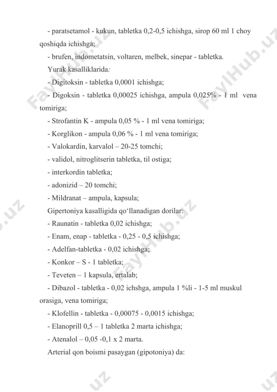 qarshi ta’sir etuvchi dorilar: - nistatin - tabletka - 0,25-0,5 ichishga, shamcha 0,25 qinga qo‘yishga, malham 15,0-30,0 surtishga; - nitrofungin - flakon 25 ml surtishga; - grizeofulvin - tabletka - 0,125 ichishga; - metrogil - flakon 200-400 ml vena tomiriga, tabletka 20 dona ichishga; - ginidazol - tabletka 10 dona ichishga, flakon - 500 ml vena tomiriga. bu dorilar terining zamburug‘li kasalliklari (trixoftiya, mikrosporiya) da, dezbakteryoz, kandidoz va hokazolarda qo‘llanadi. ichak kasalliklarida qo`llanadigan dorilar: - levomitstin – tabletka, flakon; - furazolidon – tabletka; - digestal, mezim, panzinorm, omez – tabletka, kapsula. antiseptik va dezinfeksiyalovchi moddalar. -xloramin - kukun-0,25-0,5 % eritma sirtga, qo‘lni dezinfeksiyasi uchun, gripp tarqalgan davrda 4 qavatli dokani namlab, eshiklar dastasiga bog‘lab qo‘yiladi.1,5-2 % eritmasi yiringli yaralarni yuvish uchun; - yodning spirtli eritmasi flakonda 5-10 % - 5 - 10 ml jarohat atrofiga surtiladi; - borat kislota - 3 % eritmasi jarohatni yuvish, tomoqni chayqash uchun; - vodorod …