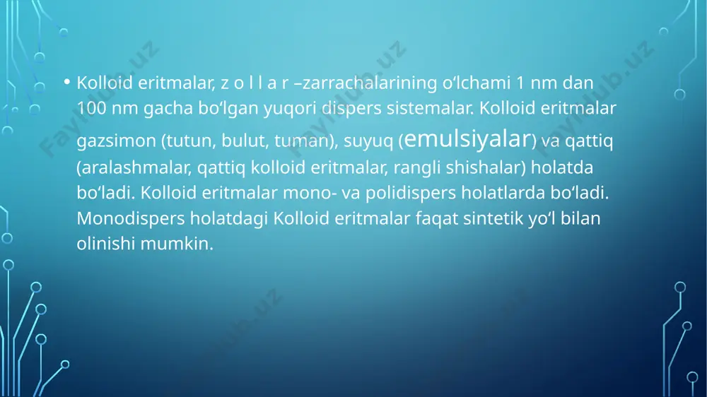 va smoluxovskiy broun xarakatining tezligi emas, ularning o’rtacha siljishi oralig’i∆x2, diffuziya koeffistenti d va siljish vaqti ∆t o’rtasidagi bog’liqlikni aniqladi. ∆x2 = 2d*∆t (1); d = (rt)/ (na) * 1 / (6 π r η) (2) agar d (2) ni (1) qo’ysak u xolda∆x2=1/3*(rt)/(nπrη)*∆t kelib chiqadi. tenglamadagi n dan boshqa barcha kattaliklarni tajribadan topish va ulardan foydalanib n (avagadro soni) ni xisoblab chiqarish mumkin. perren tajribalar asosida avagadro soni 6,85 * 1023 ekanligini topdi. broun harakatini yanada batafsil va chuqur tekshirish natijasida fluktuatsiyalar nazariyasi yaratildi. fluktuatsiya deganda, ayni sistemaning zichlik, konsentratsiya va boshqa parametr qiymatlarining o’rtacha muvozanat qiymatlaridan chetga chiqish hodisasi tushuniladi. masalan, svedberg ma’lumotlariga ko’ra oltin zolining 1000 nm3 hajmida dispers faza zarrachalarining o’rtacha soni 1,545 ga teng. lekin ayrim vaqtlarda bu qiymat 0 bilan 7 orasida bo’ladi. o’rtacha qiymatdan chetga chiqishning sababi shundaki, zarrachalarning betartib harakati natijasida sistemaning mikrohajmiga kelib qoladigan zarrachalar soni ba’zan ko’p, ba’zan esa kam …