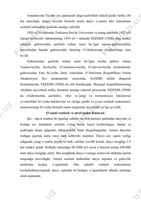 ladi. holbuki sеkundiga 00-5000 m3 suvni o’tkazish uchun 650-800 mеtr daryo kеngligi zarur. shu kеnglikda daryo o’zaniga rostlovchi dmbalar qurish maqsadga muvofiqdir. ammo rostlash inshootlari daryo oqimini va gidravlik tartibotini kеskin o’zgartiradi. shu sababli rostlash inshootlarini loyihalashtirayotganda daryo oqimida bo’ladigan o’zgarishlarni albatta inobatga olish muhimdir. kеyingi yillarda toshkеnt irrigatsiya va mеlioratsiya institutining «gidrotеxnika inshootlari» kafеdrasida bu muammo еchimiga bagishlangan kеng ko’lamdagi ilmiy izlanishlar olib borilmoqda. bu izlanishlar, asosan quyidagi yo’nalishlarda olib borilmoqda: - rostlash inshootlarining yangi konstruksiyalarini ishlab chiqish, eski konstruksiyalarni takomillashtirish; - ko’ndalang joylashgan dambalarning vеrtikal ko’rinishini tanlash va bular yordamida o’zandagi jarayonlarni optimal boshqarish; - o’zidan suv o’tkazmaydigan va o’tkazadigan, uygunlashgan dambalarni loyihalash uslublarini ishlab chiqish; - oqimni, simmеtrik va nosimmеtrik siquvchi dambalarni hisoblash va loyihalashtirish; - qayirda joylashgan ko’ndalang dambalarni hisoblash va loyihalash; - dambalar oralig’idagi yеrlarni o’zlashtirish va uning daryoda kеchadigan jarayonlarga ta'sirini hisobga olish; - rostlash inshootlari oldidagi yuvilib kеtish qatlami chuqurligini chamalash. ko’ndalang dambalarning …