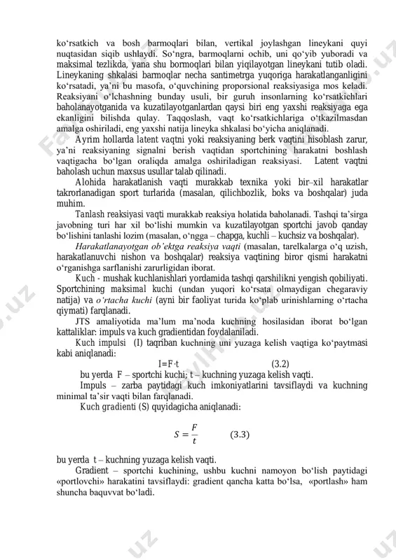 si ko‘rsatkichlari – jismoniy sifatlarning (tezkorlik, kuch, chidamlilik, egiluvchanlik va chaqqonlik) rivojlanishi bilan bog„liq. jismoniy sifat integral ko„rsatkichlarini testlash orqali baholanadi. yetakchi parametrlar o„lchanadi. ularni sanab o„tamiz. tezkorlik – bu sportchining ma‟lum bir harakatni minimal vaqt oralig„ida bajarish qobiliyati. bu qobiliyatni quyida keltirilgan ko„rsatkichlar orqali baholash mumkin. tashqi ta‟sirga (masalan, yorug„lik, ovoz va boshqalar) organizmning reaksiya vaqti – harakat tezligining asosiy ko„rsatkichlaridan biri. jihozlangan laboratoriyadan tashqarida, maktab yoki oliy ta‟lim sharoitida, insonning reaksiyasini oddiy lineyka yordamida o„lchash mumkin. bu maqsadda, o„quvchi ko„rsatkich va bosh barmoqlari bilan, vertikal joylashgan lineykani quyi nuqtasidan siqib ushlaydi. so„ngra, barmoqlarni ochib, uni qo„yib yuboradi va maksimal tezlikda, yana shu bormoqlari bilan yiqilayotgan lineykani tutib oladi. lineykaning shkalasi barmoqlar necha santimetrga yuqoriga harakatlanganligini ko„rsatadi, ya‟ni bu masofa, o„quvchining proporsional reaksiyasiga mos keladi. reaksiyani o„lchashning bunday usuli, bir guruh insonlarning ko„rsatkichlari baholanayotganida va kuzatilayotganlardan qaysi biri eng yaxshi reaksiyaga ega ekanligini bilishda qulay. taqqoslash, vaqt ko„rsatkichlariga o„tkazilmasdan …