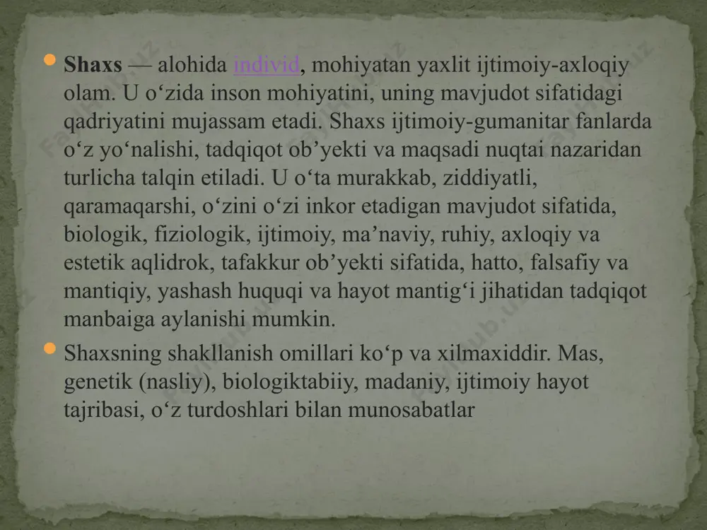 yoʻq qilinib, keskin sifatiy oʻzgarishlar amalga oshiriladi. oʻzbekiston mustaqillikka erishgach, yangi jamiyatga oʻtishning evolyusion rivojlanish yoʻlini tanladi. bu yoʻl jamiyat aʼzolarining manfaatlariga zid kelmaydigan, muayyan vaqtni talab qiladigan va pirovardida samarali buladigan yoʻldir. faoliyat — kishilarning tashqi olamga faol munosabati shakli, insonning oʻzini oʻzi maqsadga muvofiq tarzda oʻzgartirish usuli, inson borligʻining muhim xususiyatlaridan biri. faqat f. zamiridagina inson mohiyati namoyon boʻlishi, jamiyatning, har qanday ijtimoiy tuzilmaning mavjudligi taʼminlanishi mumkin. inson va jamiyat ehtiyojlaridan kelib chiqqan holda, f. shakllari, asosan, quyidagicha turkumlashtiriladi: moddiy f. (insonning oʻz xavfsizligi taʼminlanishi, oziqovqat, kiyimkechakka boʻlgan dastlabki ehtiyojlarining qondirilishi va mehnat qurollari orqali tashqi tabiatning oʻzgartirilishi); ijtimoiysiyosiy (ijtimoiy munosabatlarga, ijtimoiy hayotga taʼsir koʻrsatish); maʼnaviy (ilmfan, sanʼat, din, badiiy ijod va boshqa sohlar. jamiyat – kishilar uyushmasining maxsus shakli, kishilar oʼrtasida amal qiladigan juda koʼplab munosabatlar yigʼindisi; tabiatning bir qismi; ijtimoiy borliq. jamiyat gʼoyat murakkab va koʼpqirrali hodisa boʼlib, muttasil ravishda oʼzgarish va rivojlanish xususiyatiga egadir. juda …