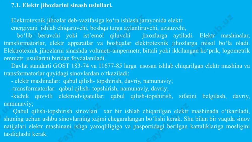 nish(vibratsiya)ni oʻlchash -shovqun darajasini oʻlchash -quvvat va sirpanish koeffitsentini aniqlash -maksimal aylanish momentini aniqlash. elektr mashinani izolyatsiyasini xolatini birlamchi koʻrigi uni olib kelinib fundamentga oʻrnatilgandan soʻng oʻtkaziladi. bundan maqsad elektr mashinani olib kelish va oʻrnatish vaqtida kelib chiqishi mumkin boʻlgan izolyatsiyasidagi kamchiliklarni bartaraf qilish, quritish yoki quritish kerak emasligi xaqida xulosalar qilinadi. yuqoridagi bajariladigan ishlar elektr mashinani tashqi koʻrikdan oʻtkazish va izolyatsiyasini namlanganlik xolatini oʻrganib chiqishni oʻz ichiga oladi. tashqi koʻrik davrida elektr mashinani choʻlgʻomlarini pazdan chiqish joylari, oldi qismi, pazlardagi klinlar, bandajlar, boʻyoqlari va loklarini xolatlariga etibor qaratiladi. shuningdek pazni poʻlat paketlarida siljishlar yoʻqligi, ezilmaganligi, sinishlar va uzilishlar yoʻqligi, kirish ulanishlari (vvod)ni mustahkam qilinganligiga xam etibor beriladi. oʻzgarmas tok mashinalarida bundan tashqari yakor, qutublar, qutublar aro ulanishlar, kollektor, chetka va chetka ushlagich xam koʻrikdan oʻtkaziladi. quyidagi xujjatga asosan «instruktsiya po opredeleniyu vozmojnosti vklyucheniya vrashayushixsa elektricheskix mashin peremennogo toka bez sushki» elektr mashinani namlanganlik xolati xar bir ulanma yoki faza …
