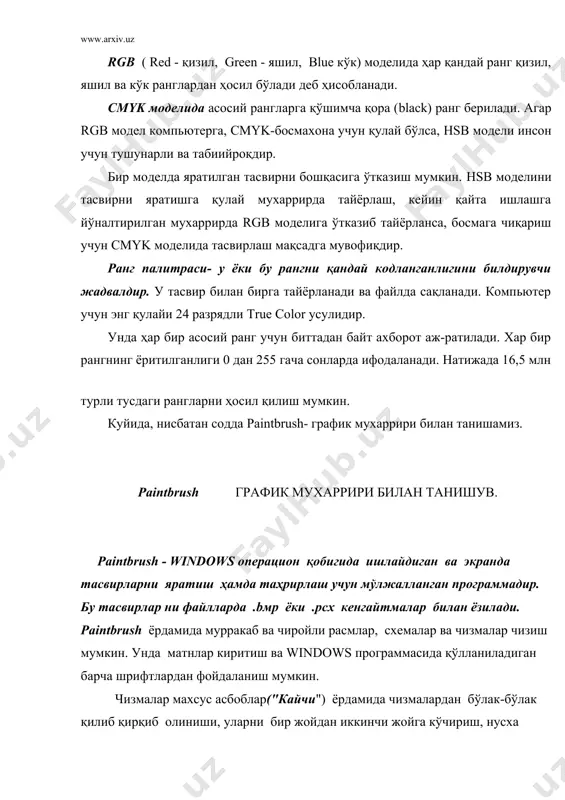 аш сўралади. бу ўзгартиришларни сақлаш учун -yes жавоби берилиши ва тахрирлагичдан чиқиш, сақламаслик учун no жавоби берилиши ва таҳрирлашни давом эттириш мумкин. рaintbrush программасининг ойнаси бир вақтнинг ўзида фақат битта программа ишлаётганидан дарак беради. шу сабабли хужжатлар ойнаси программа ойнасининг бир қисми ҳисобланади. paintbrush ойнаси стандарт элементлар (программа сарлавҳаси ва горизонтал меню) дан ташқари ойнанинг вертикал ва горизонтал айланиш чизиқларига эга ҳамда 4та махсус соҳадан иборат: ишчи майдон, асбоблар панели, чизиқ кенглигини танлаш майдони ва ранглар палитра майдони. ойнанинг асосий қисмини ишчи майдон ташкил этиб бу жой фойдаланувчининг ижод қиладиган, яъни турли шакл ва расмларни ясайдиган майдонидир. асбоблар панели ойнанинг чап қисмида жойлашган бўлиб бу панель кичкина расмчалар-пиктограммалардан иборат. бу пиктограммалар танлангандан кейин хақиқий чизиш асбобига айланиб турли амалларни бажаришга киришади. бирор асбобни танлаш учун унинг устига сичқонча тугмаси билан босиш кифоядир. энди, ҳар бир асбобнинг вазифасини алоҳида кўриб чиқамиз. фигурали қайчи – сичқончанинг кўрсаткичи қайчига айланади ва расмдан исталган …