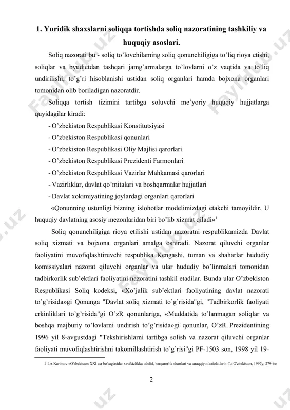 oliyati erkinliklari to’g’risida"gi o’zr qonunlariga, «muddatida to’lanmagan soliqlar va boshqa majburiy to’lovlarni undirish to’g’risida»gi qonunlar, o’zr prezidentining 1996 yil 8-avgustdagi "tekshirishlarni tartibga solish va nazorat qiluvchi organlar faoliyati muvofiqlashtirishni takomillashtirish to’g’risi"gi pf-1503 son, 1998 yil 19-noyabrdagi "xo’jalik yurituvchi sub’ektlami tekshirishni tashkil qilishni tartibga solish to’g’risida"gi pf-2114 son, 2005 yil 14-iyundagi "tadbirkorlik sub’ekt-larini huquqiy himoya qilish tizimini yanada takomillashtirish chora-tadbirlari to’g’risida"gi pf-3365-son farmonlariga, 2006-yil 16-maydagi "nazorat qiluvchi organlar tomonidan o’tkaziladigan, tadbirkorlik sub’ektlari yuridik shaxslar faoliyatini tekshirishlarni muvofiqlashtirish tartibi to’g’risida"gi nizom va boshqa xo’jalik yurituvchi sub’ektlar faoliyatini tekshirishni tartibga solish masalalariga doir boshqa qonun hujjatlariga, me’yoriy va qonun hujjatlariga muvofiq amalga oshiradi. soliq intizomini mustahkamlash, soliq to’g’risidagi qonun hujjatlariga qat’iy amal qilish, soliq to’lovlarining byudjetga to’liq va o’z vaqtida tushishini ta’minlash, soliqqa doir huquq buzilishlarining aniqlanishi, ularning oldini olish va ularni bartaraf etish ustidan davlat nazoratini kuchaytirish, shuningdek, soliq organlari faoliyatini yanada takomillashtirish maqsadida, vazirlar mahkamasining 2000 yil 13 martdagi «davlat soliq …