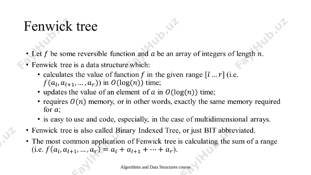 o ranges in lies. fenwick tree description algorithms and data structures course it is obvious that the complexity of both sum and increase depend on the function . there are lots of ways to choose the function g, as long as for all . for instance the function works, which results just in , and therefore summation queries are slow. we can also take the function . this will correspond to prefix sum arrays, which means that finding the sum of the range will only take constant time, but updates are slow. the clever part of the fenwick algorithm is, that there it uses a special definition of the function that can handle both operations in time. fenwick tree definition of g(i) algorithms and data structures course the computation of is defined using the following simple operation: we replace all trailing bits in the binary representation of with bits. in …