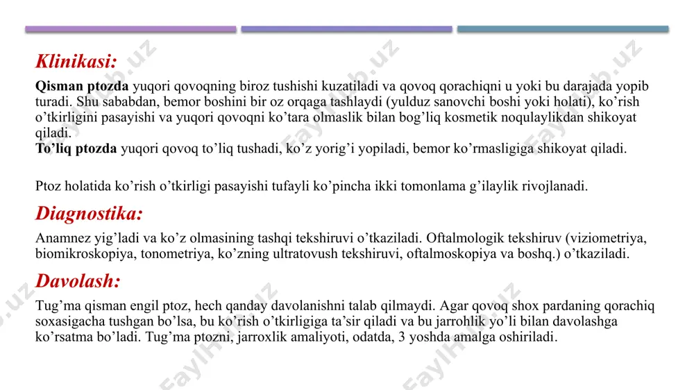 qizargan, yupqalashgan teri ko’rinib turadi. shikoyatlari: qovoqlarda doimiy og’riqli qichishish, achishish, ko’zning changga, sun’iy yorug’likka sezgirligini oshishi, ko’z yoshi oqishi kuzatiladi. qovoqlar sohasidagi achishishli qichima tufayli, bemorlar ko’zlarini doimo ishqalaydilar va bu jarayonni yanada og’irlashtiradi. yarali blefarit (blepharitis ulcerosa) - qovoqlar chetlari yallig’lanishining eng qiyin va og’ir kechadigan turi shikoyatlari: qovoqlarni shishi, qizarishi, qichishishi, yaralar paydo bo’ladi. klinikasi: qovoq qirralarini qizarishi, shishi, kengayishi, kipriklar ildizlarida yaralar mavjudligi kuzatiladi. yaralarda sariq ajralmalar ko’rinadi. ajralmalarni tozalaganda qonli ajralmalar ko’rindi. asoratlari: trixiaz, qovoqlarni ichkariga ag’darilishi, keratokonyuktivit, qovoq absessi va flegmonasi. qovoq abstsessi (abscessus) – qovoqdagi to’qimalarning yiringli bo’shliq hosil bo’lishi bilan kechadigan o’tkir yallig’lanish. etiologiyasi: ko’pincha qovoqning infektsiyali zararlanishidan so’ng yuzaga keladi, abstsessning sabablaridani yana govmichcha, furunkul, yarali blefarit, ko’z kosasi atrofidagi to’qimalarda kechadigan yiringli jarayonlar, orbital qirra va burun yondosh bo’liqlarining yiringli periostiti, burun yondosh bo’liqlarining empiemasi, shuningdek, turli yuqumli kasalliklarda metastatik yo’l bilan yuzaga keladigan yallig’lanishlar bo’lishi mumkin. ko’pincha qo’zg’atuvchilar - …