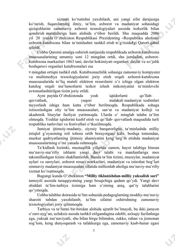 va ma‘rifat‖ jamoatchilik markazi qoshida ―oltin meros‖ xalqaro xayriya jamg’armasi tuzildi. istiqlol yillarida о’zbekistonda milliy madaniyatni rivojlantirish, ayniqsa, uning moddiy- texnik bazasini mustahkamlashga katta e‘tibor berildi. ma‘lumki, mamlakatimiz jahon sivilizatsiyasining muhim о’choqlaridan biri sifatida kо’plab tarixiy-madaniy, me‘moriy yodgorliklarga ega. biroq, sobiq ittifoq davrida ularni saqlash, ta‘mirlash ishlari qoniqarsiz ahvolda edi. istiqlol esa noyob obidalarni saqlash, ularni kelgusi avlodlarga bekamu kо’st yetkazish imkonini berdi. sobiq tuzum davrida 6700 dan ortiq madaniy va tarixiy yodgorliklarni ta‘mirlash ishlariga 1990 yilda 12,4 mln. sо’m ajratilgan bо’lsa, 1992 yilda respublika byudjetidan bu maqsadga ajratilgan mablag’lar 65,4 mln. sо’mni tashkil etdi. jumladan, 1991- 1997 yillar davomida samarqand madaniyat va tarixiy yodgorliklarini ta‘mirlash ustaxonasi tomonidan bajarilgan ishlar hajmi 20, shahrisabz ustaxonasi bajargan ishlar hajmi 23 barobar oshdi. 1997 yilda buxoroda 366 mln. sо’m, xivada 185 mln. sо’m, amir temur nomi bilan bog’liq qadamjolarni ta‘mirlash ishlarining ikkinchi bosqichi bо’yicha 250 mln. sо’m hajmidagi ishlar amalga oshirildi. 1999 yilda …