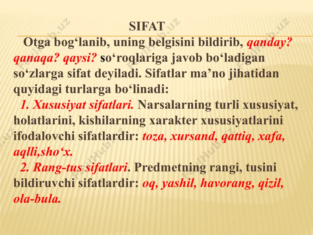 sifat yasaydi. otdan: aqlli, buxorolik, bemaza, serhosil, loyqa… fe’ldan: maqtanchoq, buzuq, qoloq, sayroqi… ravishdan: kechagi, dastlabgi… sifatdan: sog`lom, noma’lum… taqlid so`zdan: bijildoq, likildoq… so‘zlarni qo‘shish, bog‘lash va juftlash bilan quyidagi turdagi sifatlar yasaladi: 1.qoshma sifatlar quyidagicha yasaladi: a) ot + otdan. bular qo‘shib yoziladi: devqomat, bodomqovoq; b) sifat + otdan: sofdil, kaltafahm; d) ot + fe’ldan: osmono‘par, jonkuyar; e) ravish + feldan: tezoqar (daryo); f) otga aro, umum, g‘ayrl, yarim, nim, rang so‘zlarini qo‘shish bilan: bular qo‘shib yoziladi: xalqaro, umumkomanda, yarimavtomat, g‘ayridin, nimpushti, havorang. birikmali sifatlar tarkibi ikki va undan ortiq so‘zdan iborat bo‘lib, ular orasidagi munosabatlar aniq sezilib turadi, bu sifatlar ajratib yoziladi. bunday sifatlar aralash, yo‘q, ko‘p, oliy, och, to‘q, to‘la, chala, bir, ikki kabi so‘zlar ishtirokida hosil qilinadi: qum aralash, tengi yo‘q, ko‘p tarmoqli, oily ma’lumotli, och qizil, qorni to‘q, to‘q qizil, to‘la huquqli, chala mulla, bir tomonlama, ikki qavatli, yuqori hosilli. 2.juft sifatlar quyidagicha yasaladi: a) …