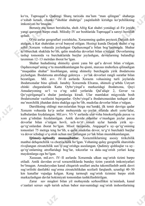 rsiga yo‘l olishga to‘siq bo‘lib turganlar. ular ziroatchilik bilan ham shug‘ullanib, shaharlar va qal’alar bunyod etish ko‘nikmalarga ega edi. quyi sirdaryoda qadimshunoslar tomonidan o‘rganilgan chirikrabot, babishmo‘lla, balandi, baroqtom kabi yodgorliklar shular jumlasidandir. mil. avv. iii asrda sirdaryoning qadimiy quyi o‘zanlarida suv ta’minotining to‘xtab qolishi va daryoning zamonaviy o‘zani paydo bo‘lishi natijasida, tub joyli aholi avval o‘zlashtirgan yerlarni tark etishga majbur bo‘ldi. ehtimol, aynan shu chorvadorlar quyi sirdaryodan o‘rta sirdaryo hududlariga ko‘chib, qang‘ davlatiga asos solganlar. mil. avv. iv asrda qadimgi xorazmning bir qator shaharlarida (xiva, xazorasp, qazaqliyotgan – oqshaxonqala, katta oybo‘yirqal’a) yirik binokorlik ishlar amalga oshirildi. bir vaqtning o‘zida keng tarmoqli sug‘orish tizimi yaratildi. shaharlar alohida dehqonchlik voha – tumanlari markazlariga aylandi. me’morchilik loyiha bo‘yicha shaharlarda binokorlik ishlarini amalga oshirish, mudofaa tizimi va eski binolarni ta’mirlash, yangilarni bunyod etish, qurilish texnologiyalarni takomillashtirishni taqozo etgan. qudratli mudofaa inshootlari, yirik ibodatxona va saroylarni bino qilish uchun millionlab xom g‘isht kerak bo‘lgan. davlatning …