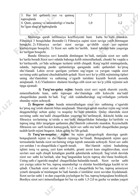 an bosqichi; 2) filtrasiya suvlari sizot suviga qo’shilib sizot suv oqimini kuchaytirgan bosqichi; 3) sizot suv sathi ko’tarilib, kanal tubidan ham yuqoriga ko’tarilgan bosqichi. bunda filtrasiya suvi kanalda dimlangan bo’ladi, natijada sizot suv sathi ko’tarila boradi.sizot suvi odatda bahorga kelib minerallashadi, chunki bu vaqtda u ko’tarilayotib, yo’lida uchragan tuzlarni eritib chiqadi. kurg’oqchil mintaqalarda, odatda, tuproqning pastki qatlamlariga qaraganda ustki qatlamlari ko’proq sho’rlanadi. lekin zovur qazilgan yerlarni sug’organ va yuvgan vaqtda sizot suvining ustki qatlami chuchuklashib qoladi. sizot suvi ko’p yillik rejimining tiplari uning sho’rlanishini va sathining o’zgarib turishini kuzatib borish asosida aniqlanadi. a.g.vladimirov shularni hisobga olib sizot suv ko’p yillik rejimini uch tipga ajratadi: 16 -jadval o’zbekiston respublikasining sug’oriladigan yerlarida sizot suvlarining maqbul sathi, m. sizot suvigacha bo’lgan qatlamning mexanik tarkibi o’suv davrida (iv-ix oylarida o’rtacha) ekin o’smaydigan davrda (x-iii oy- larida o’rtacha 1. mexanik tarkibi bir hil bo’lgan qumoq yoki chuqurlashgan sari yengil lashadigan les va lessimon qumoq tuproqlarda …