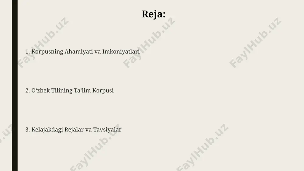 ar ochib, oʻzbek tili grammatikasini chuqur oʻrganishga xizmat qiladigan avtomatlashtirilgan tahlil vositalarini taqdim etadi. korpusning tarkibi va tuzuvchi unsurlari korpus 100,000 dan ortiq so'z va iboralardan, toshkent shahridagi turli manbalardan olingan matnlar, jumladan, adabiyot, ommaviy axborot vositalari va internet manbalaridan iborat. korpusni tuzishda lemmatizasiya, morfologik tahlil kabi zamonaviy texnologiyalar qo'llanilib, samarqand va buxoro viloyatlaridan olingan mahalliy shevalar ham hisobga olingan. tarkibida turli janrdagi 5000 dan ziyod matn, 200 dan ortiq muallifning asarlari va 15 yildan ortiq davrni qamrab oluvchi ma'lumotlar mavjud. cheklovlar va muammolar навоий университети ва тошкент давлат университети каби илмий марказлардаги маълумотларнинг интеграциясидаги қийинчиликлар, шунингдек, маълумотларнинг utf-8 кодировкасидаги муаммолар ва 2000 йилдан олдинги матнларнинг етишмовчилиги. корпусдаги матнларнинг ҳар хил жанрлардаги тақсимоти номутаносиб, масалан, бадиий адабиёт 70%, илмий матнлар эса атиги 10% ни ташкил қилади, бу эса тил моделини ўқитишда мувозанатсизликка олиб келади. андижон, бухоро каби 10 тадан ортиқ вилоятдаги маълумотлар базасининг етарли эмаслиги, мавжуд корпуснинг ҳажми 500,000 сўз …
