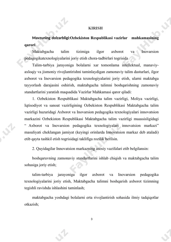 a, asosan xalqaro etirof etilgan reyting agentliklari indikatorlari boyicha baholash usullarini takomillashtirish; (2-bandning oninchi xatboshisi ozbekiston respublikasi vazirlar mahkamasining 2021-yil 20-maydagi 320-sonli qarori tahririda — qonun hujjatlari malumotlari milliy bazasi, 21.05.2021-y., 09/21/320/0482-son) innovatsion markaz tomonidan oz faoliyatini amalga oshirish jarayonida yaratilgan intellektual mulk obyektlariga bolgan mualliflik huquqlarini oz vaqtida himoya qilish choralarini korish; maktabgacha talim tashkilotlari binolarining prototiplarini va texnologiyalarni belgilangan tartibda ekspertizadan otkazish orqali bolalar uchun xavfsiz talim muhitini yaratish, keyinchalik kelajakda yangi maktabgacha talim muassasalarini qurish uchun konseptual namunalarni tasdiqlash; (2-bandning on ikkinchi xatboshisi ozbekiston respublikasi vazirlar mahkamasining 2021-yil 20-maydagi 320-sonli qarori tahririda — qonun hujjatlari malumotlari milliy bazasi, 21.05.2021-y., 09/21/320/0482-son) maktabgacha talim tashkilotlarida istemol qilinadigan oziq-ovqat mahsulotlari sifatini va foydalaniladigan tovarlar hamda materiallar xavfsizligini laboratoriya yoli bilan tahlil qilish. (2-bandning on uchinchi xatboshisi ozbekiston respublikasi vazirlar mahkamasining 2021-yil 20-maydagi 320-sonli qarori tahririda — qonun hujjatlari malumotlari milliy bazasi, 21.05.2021-y., 09/21/320/0482-son) 3. belgilab qoyilsinki: innovatsion markaz oziga yuklangan …